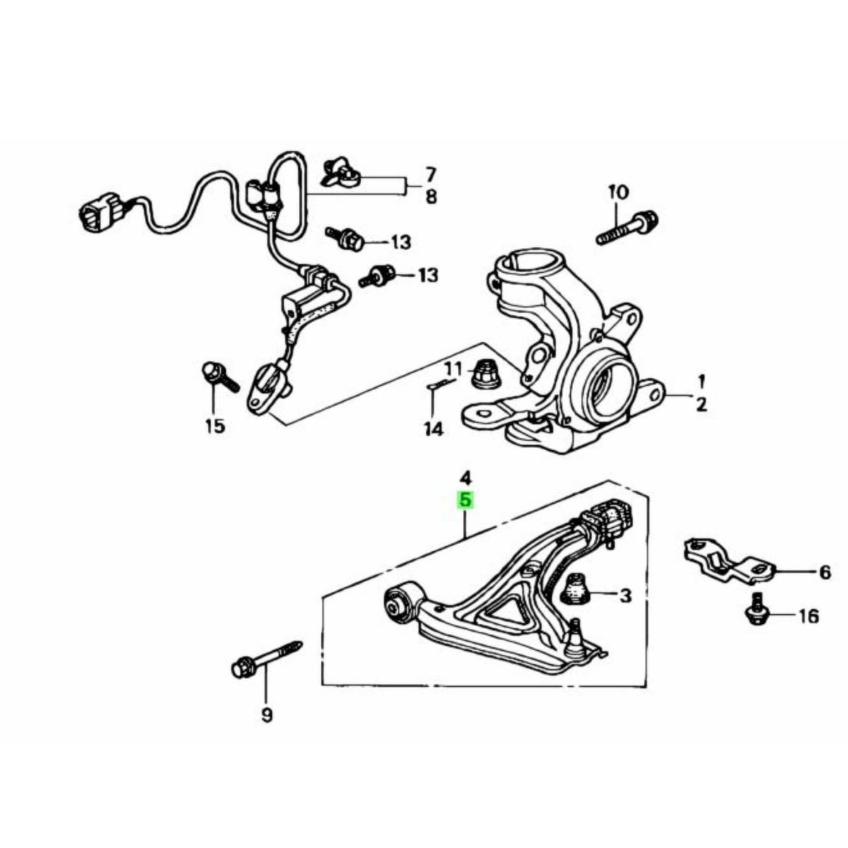 Technical diagram of Lower Control Arm for Honda Acty Truck HA8, HA9 models (2009-2022), showcasing parts and assembly details.