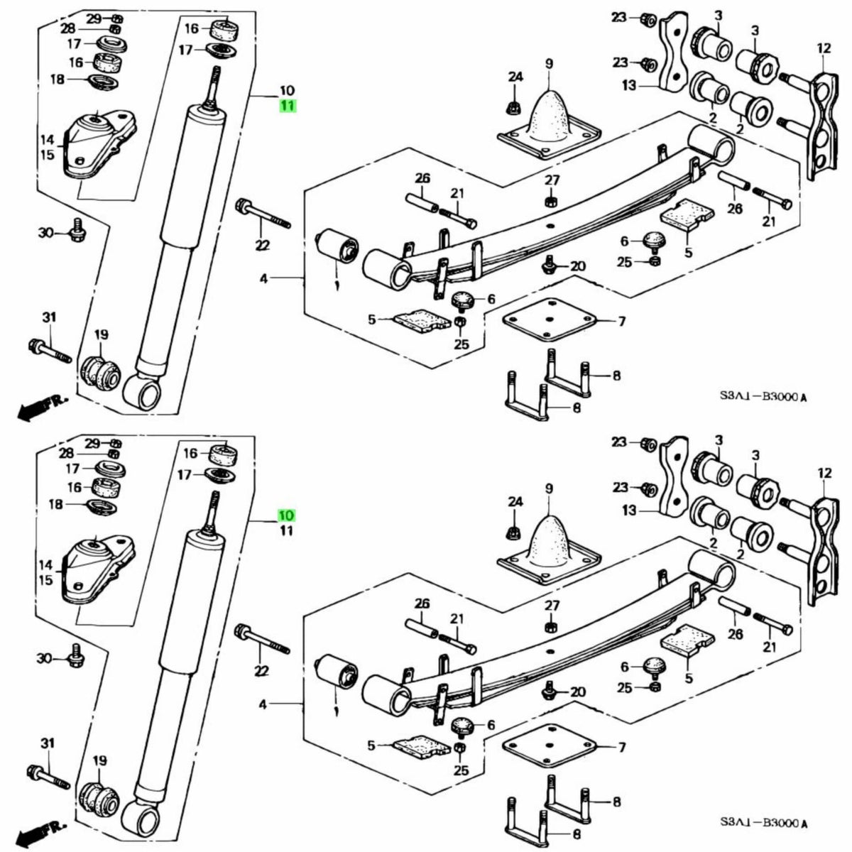 Technical diagram of Shock - Rear Set for Honda Acty Truck HA8, HA9 Models (2009-2022), showcasing detailed parts and assembly.