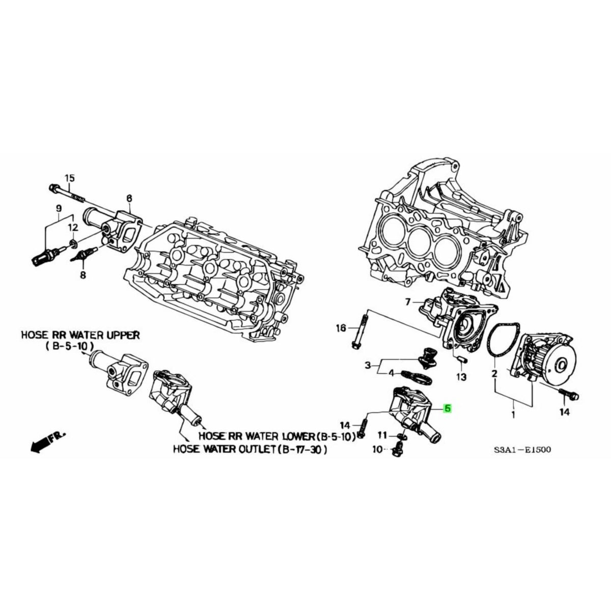 Technical diagram of a thermostat housing for Honda Acty Truck HA8, HA9 models (2009-2022), showcasing detailed parts and assembly layout.