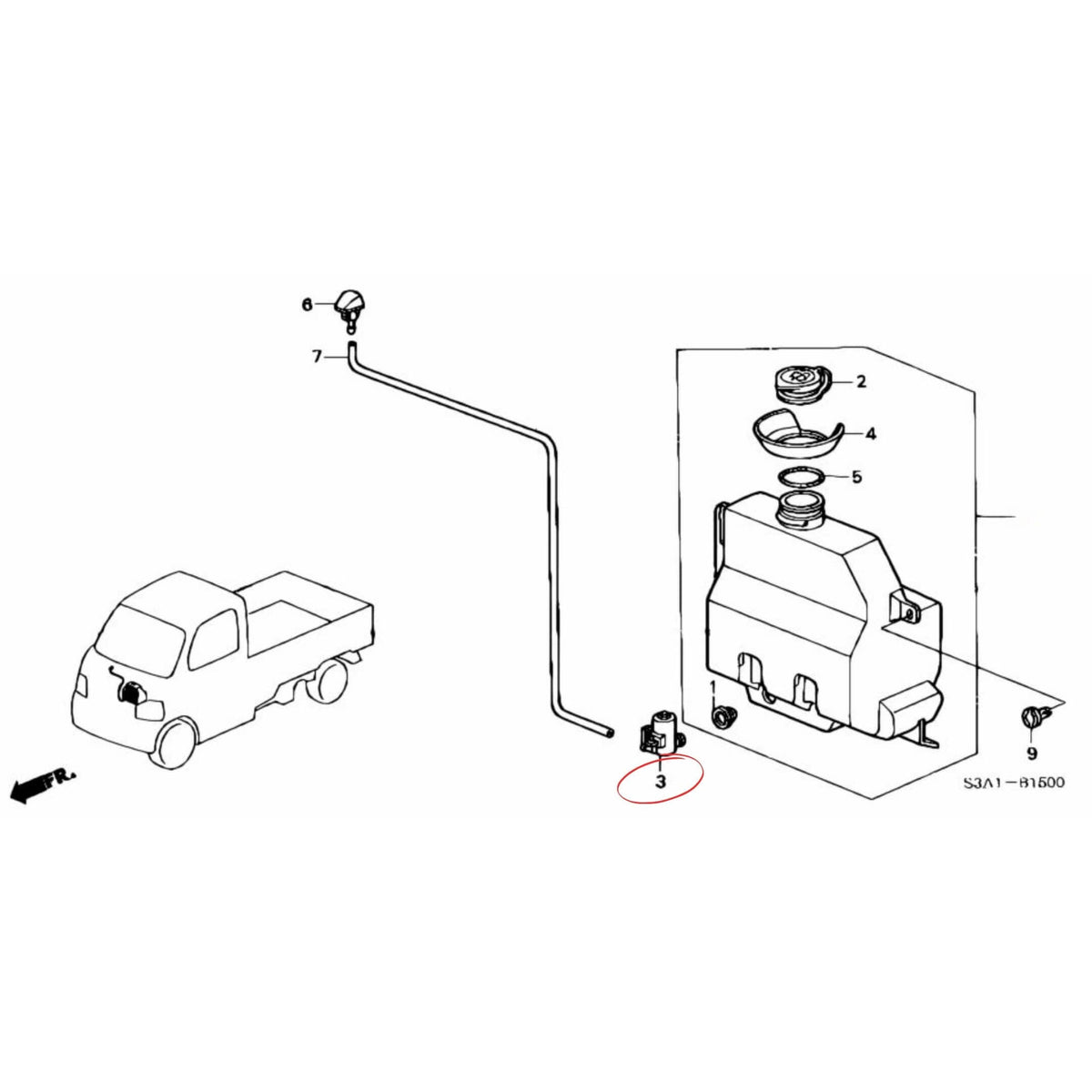 Technical diagram of the windshield washer pump motor for Honda Acty Truck HA8, HA9 models (2009-2022), highlighting part number 3 in the schematic.