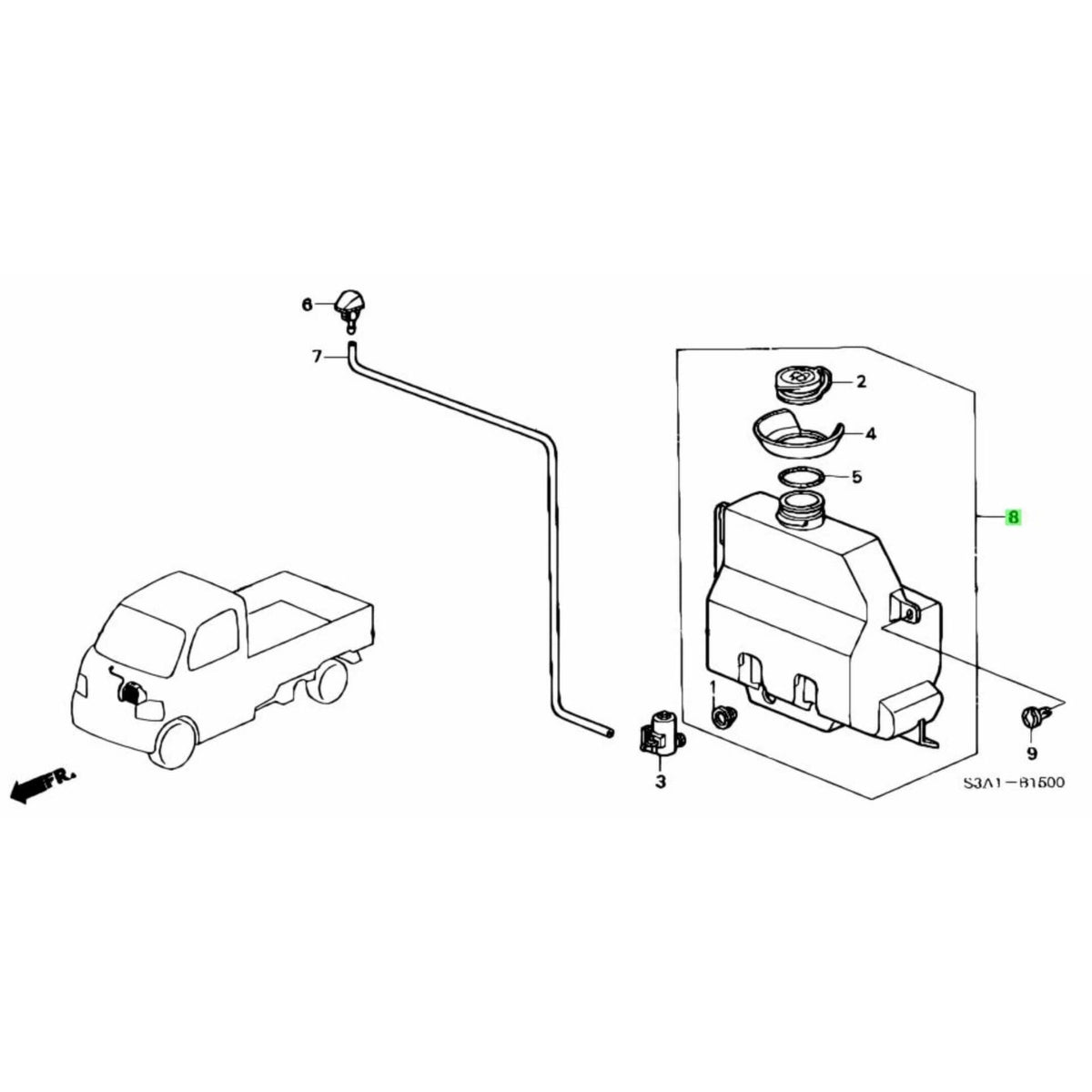 Technical diagram of a windshield washer tank for Honda Acty Truck HA8, HA9 models (2009-2022), featuring detailed parts and connections.