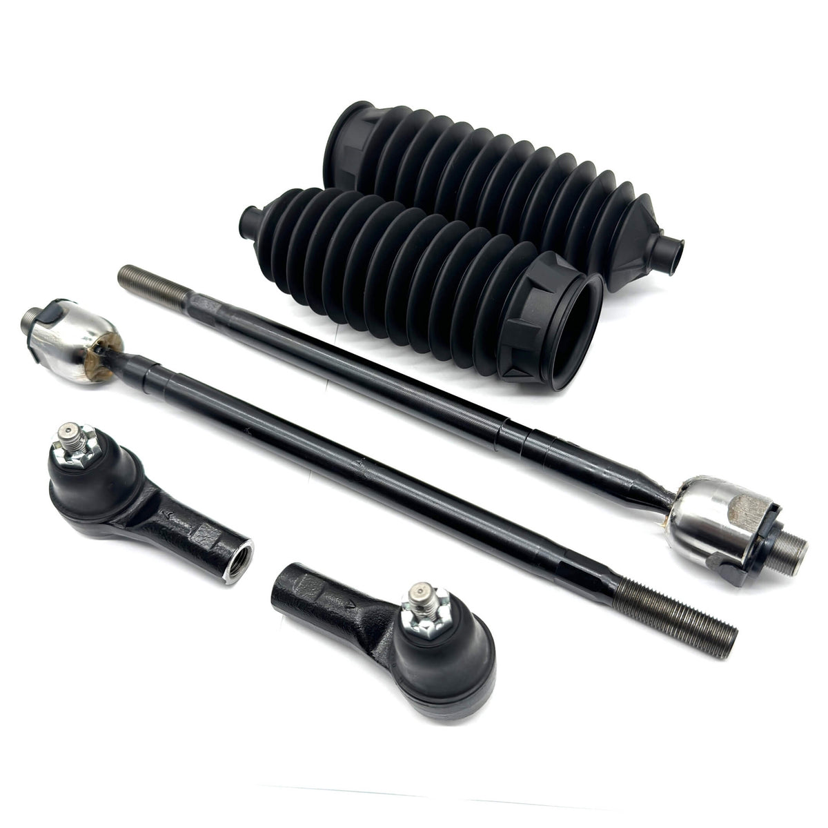 Steering Upgrade Kit - 6 Piece, featuring black inner and outer tie rods and steering rack boots for Honda Acty Truck HA8, HA9 models (2009-2022).