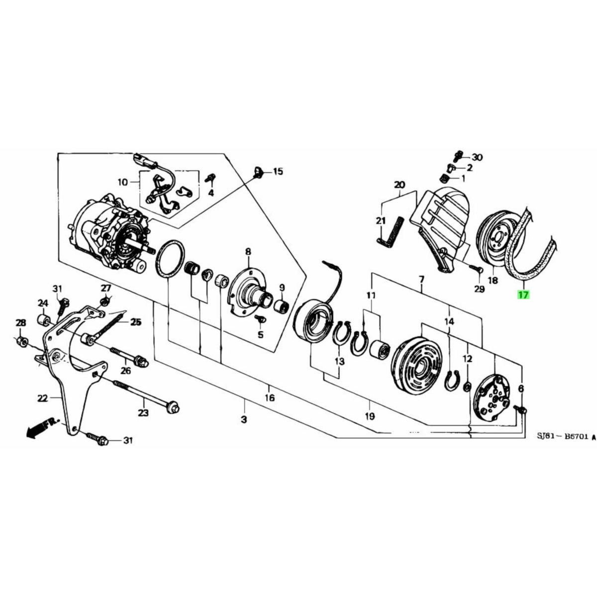 Technical diagram of AC Belt Compressor 210 for Honda Acty Van HH3, HH4 models from 1990-1999, showcasing detailed parts layout.