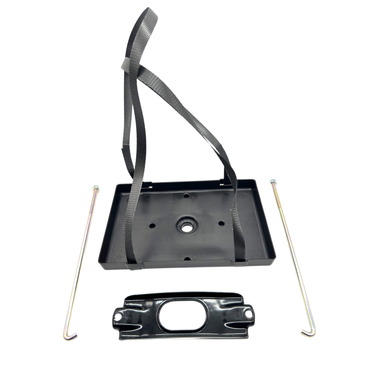 Battery Tray & Tie Down Set for Honda Acty Truck HA8, HA9 Models 2009-2022, featuring a black tray with straps and metal tie-down rods.