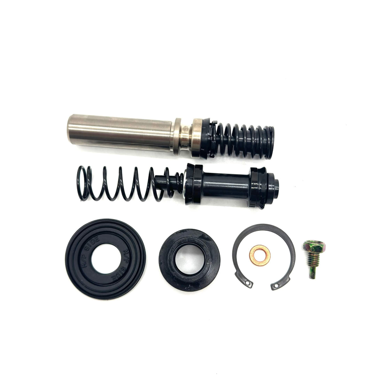 Complete Miyaco brake master cylinder rebuild kit displayed, including pistons, springs, seals, and fittings, specifically designed for Honda Acty HH3, HH4 models from 1990-1999, ready to restore optimal brake function.