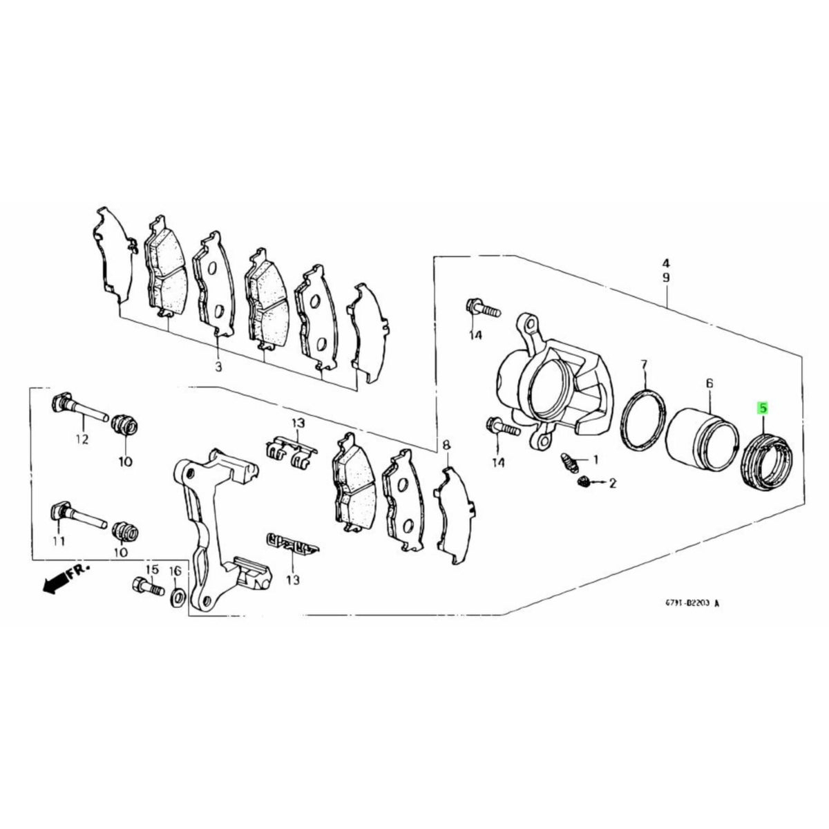 Diagram of Honda Acty HH3, HH4 brake caliper assembly showing the outer seal's location.