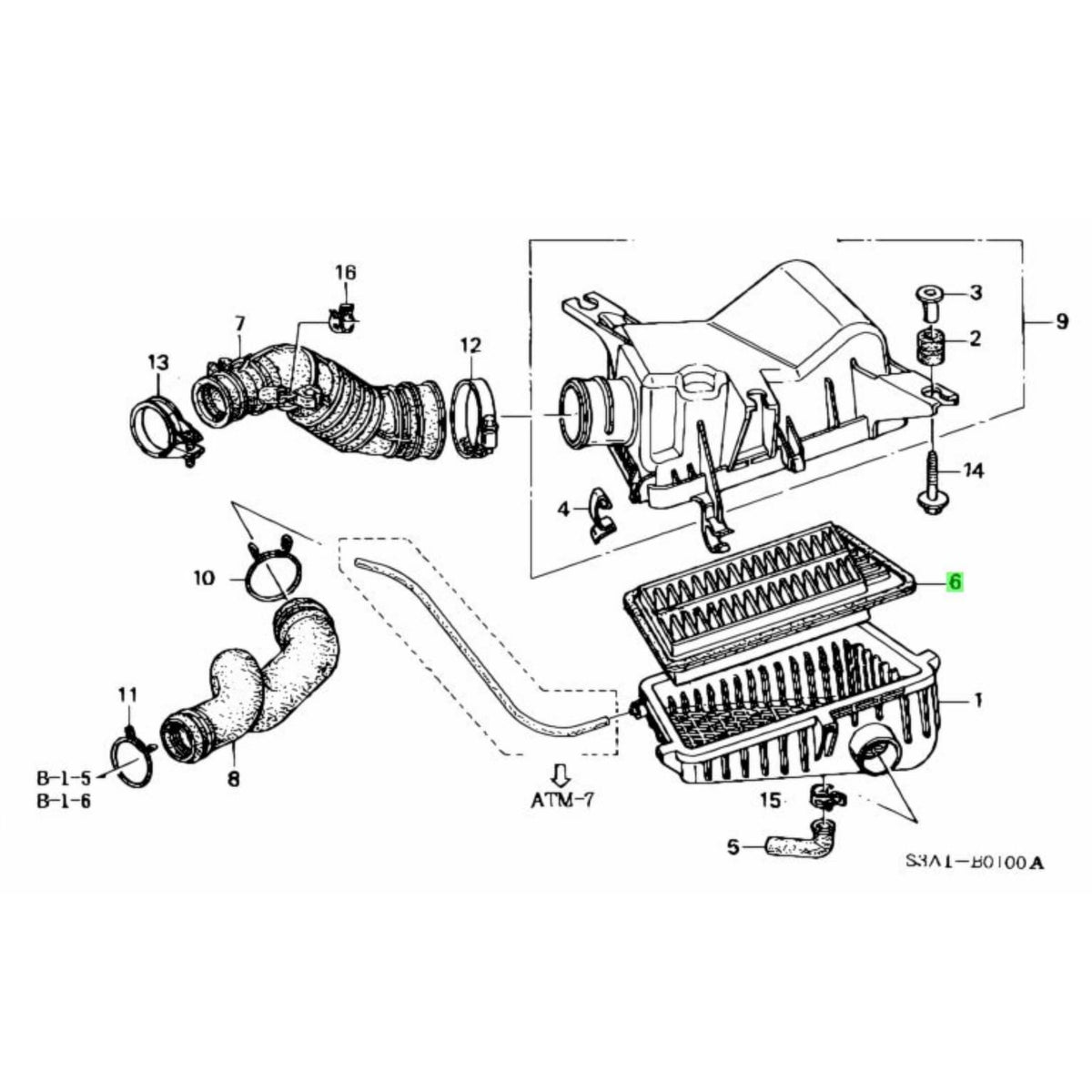 Technical diagram of the air filter assembly for Honda Acty Truck HA8, HA9 models, 2009-2022, showcasing detailed components and layout.