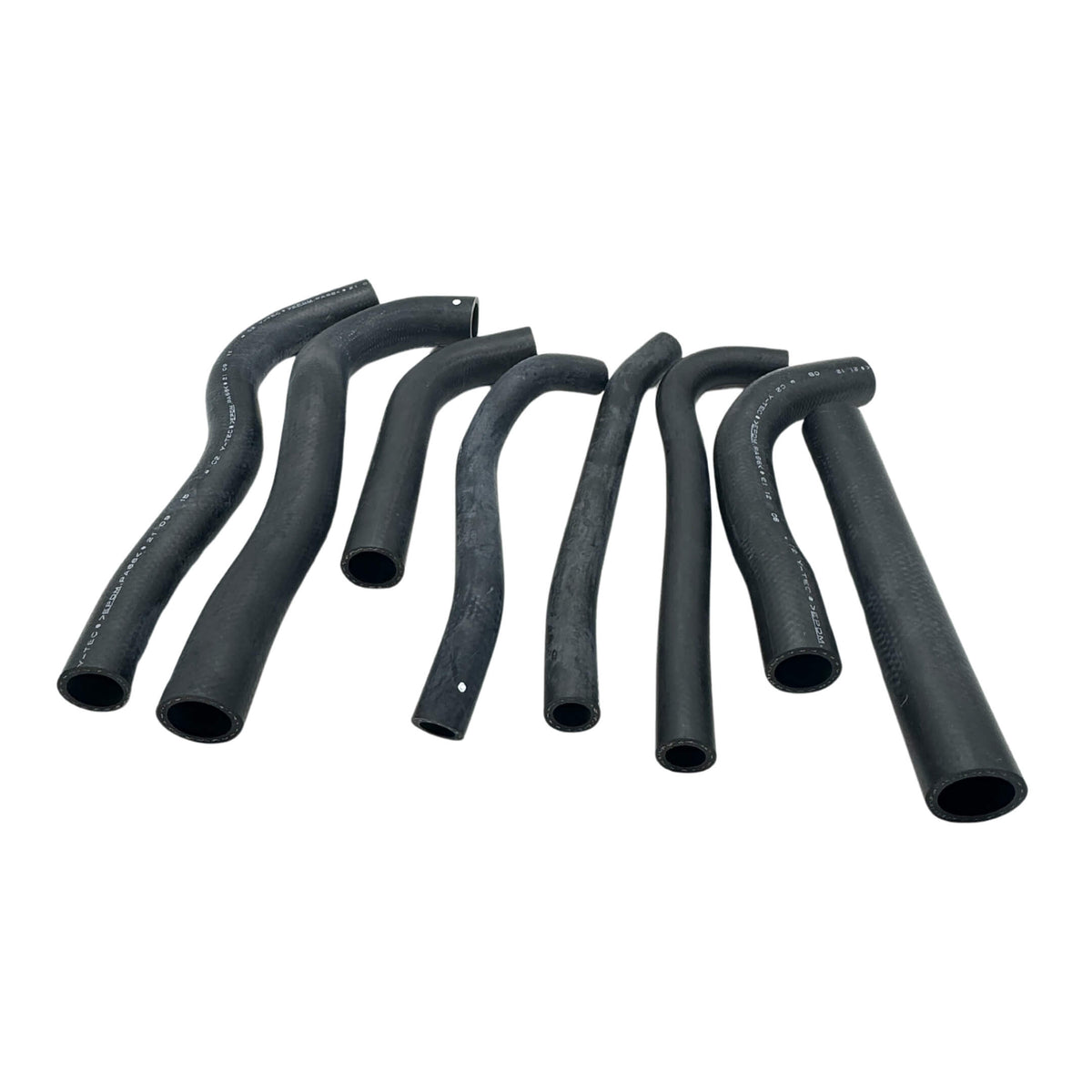 Top view of full 8-piece radiator water hose kit for Honda Acty HA3, HA4, displaying each hose's unique bends and fittings, ready for installation.