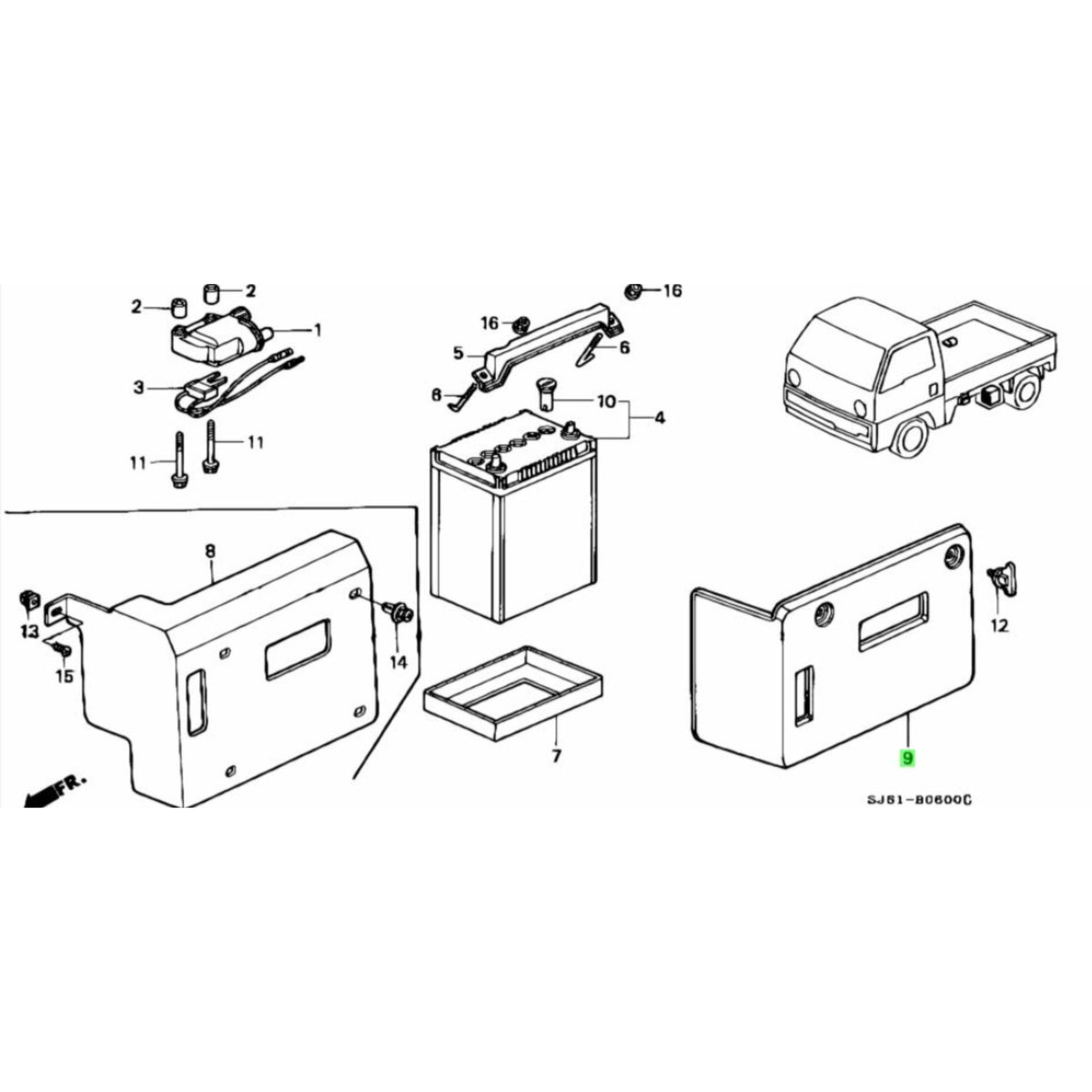 Exploded Diagram of Battery Box Installation for Honda Acty HA3, HA4 Models | Detailed View of Secure Battery Housing | Find Your Mini Truck Essentials at Oiwa Garage.