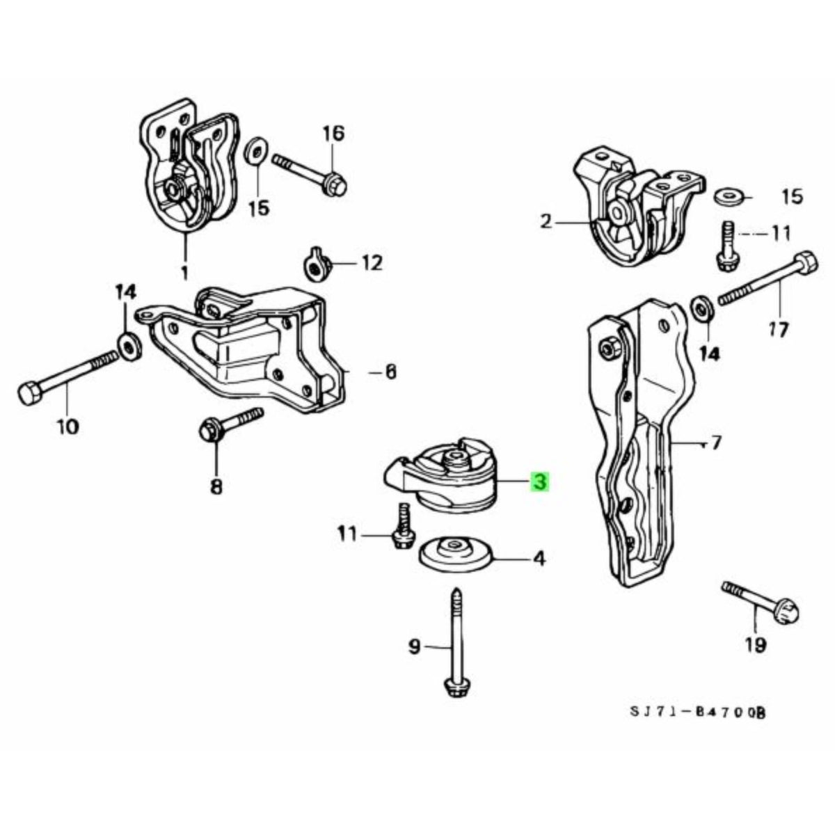 Diagram showing Engine Mount Placement for Honda Acty Van HH3 HH4 Models 1990-1999 with Manual Transmission