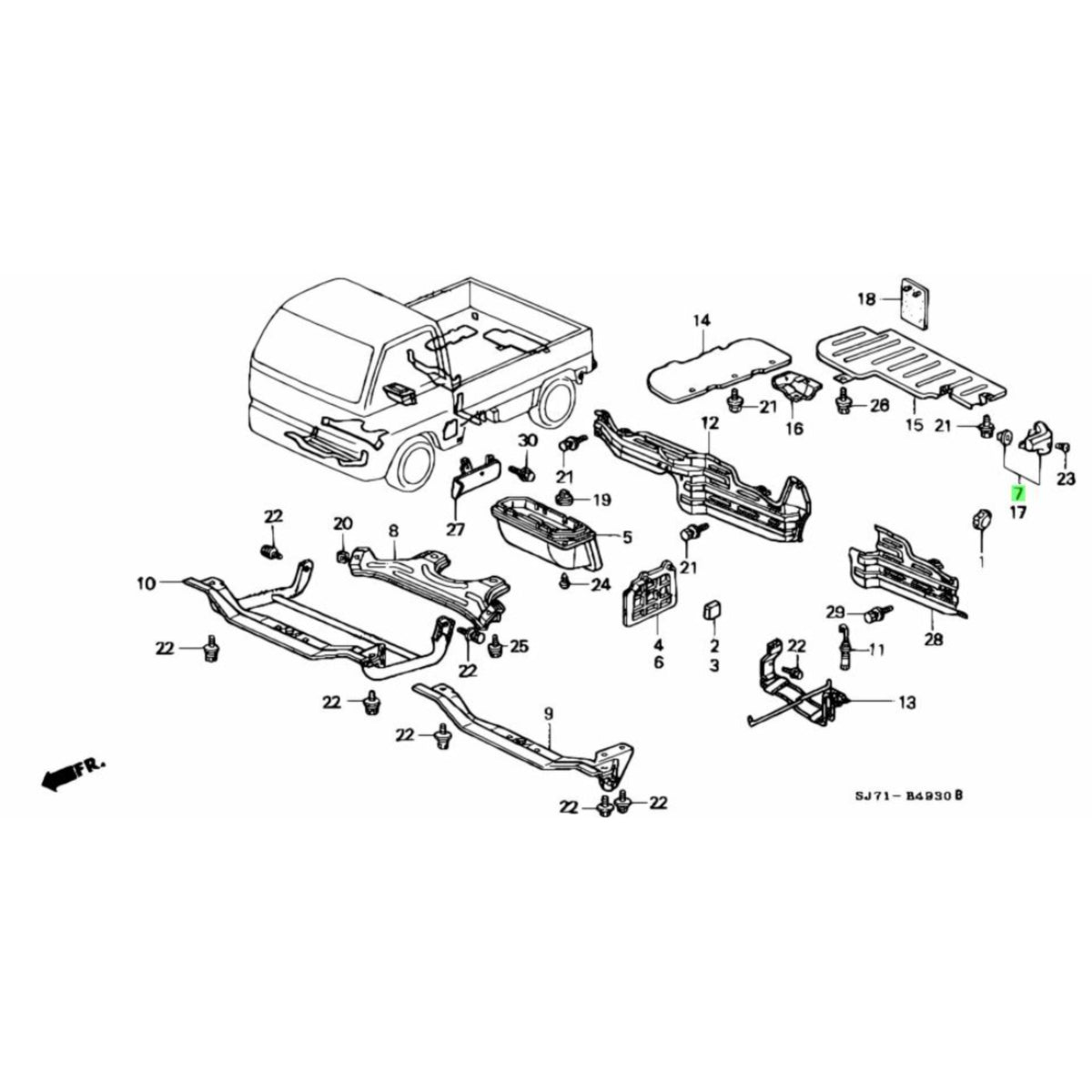 Exploded diagram view of the Honda Acty Truck with marked positions for various parts including the right side rear tailgate bumper cover compatible with HA1, HA2, HA3, and HA4 models from 1990-1999, useful for assembly and part identification.