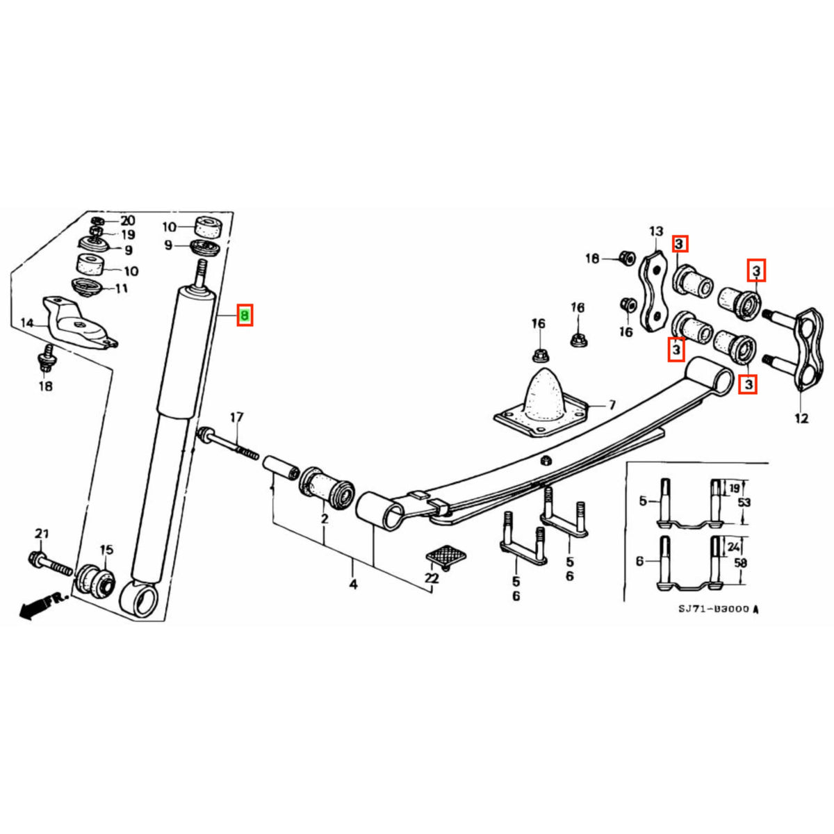 Rear Suspension Kit - 36 Piece - Rear Shackle Bushings and Shocks - Honda Acty Van HH3, HH4 Models - 1990-1999