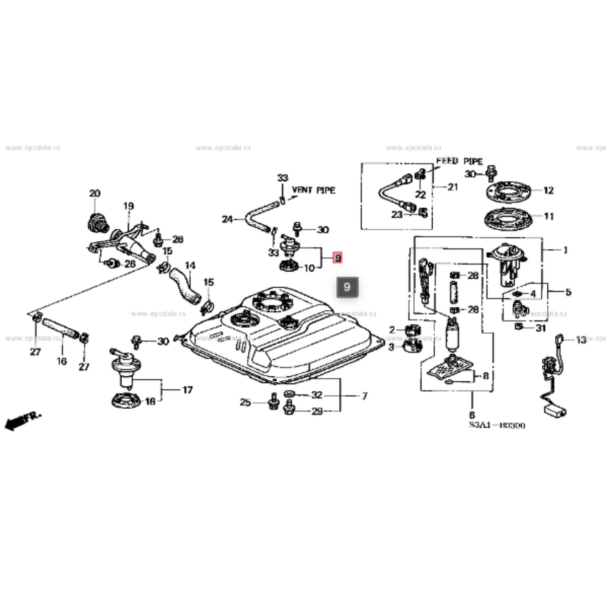 Technical diagram of the Fuel Cut Valve for Honda Acty Truck HA8, HA9 models (2009-2022), showcasing detailed parts and connections.