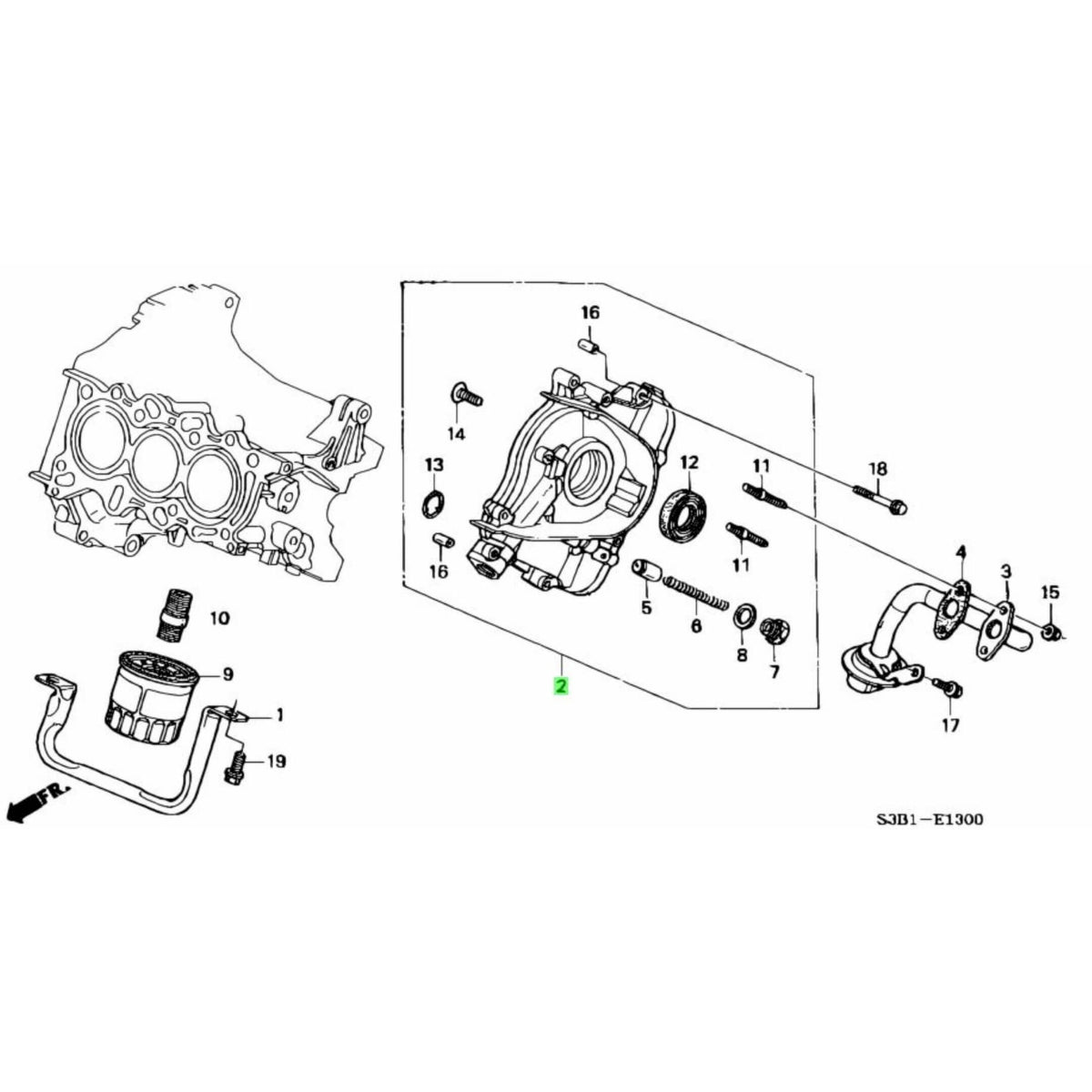 Technical diagram of the Oil Pump Assembly for Honda Acty Truck HA8, HA9 models (2009-2022), showcasing detailed parts and components.