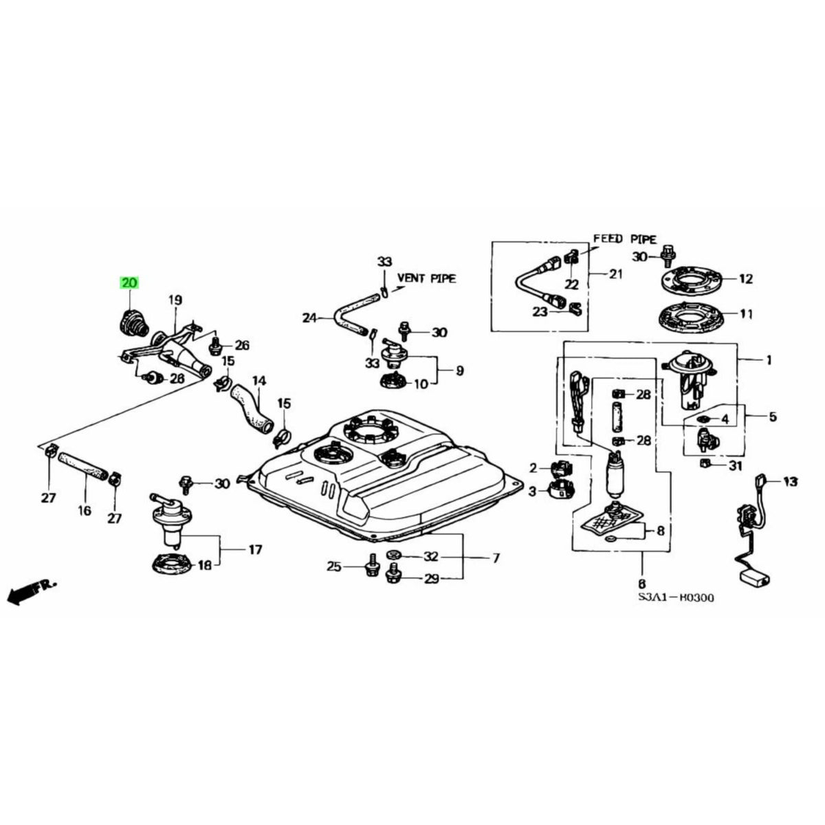 Technical diagram of a fuel cap and related components for Honda Acty Truck HA8, HA9 models (2009-2022).