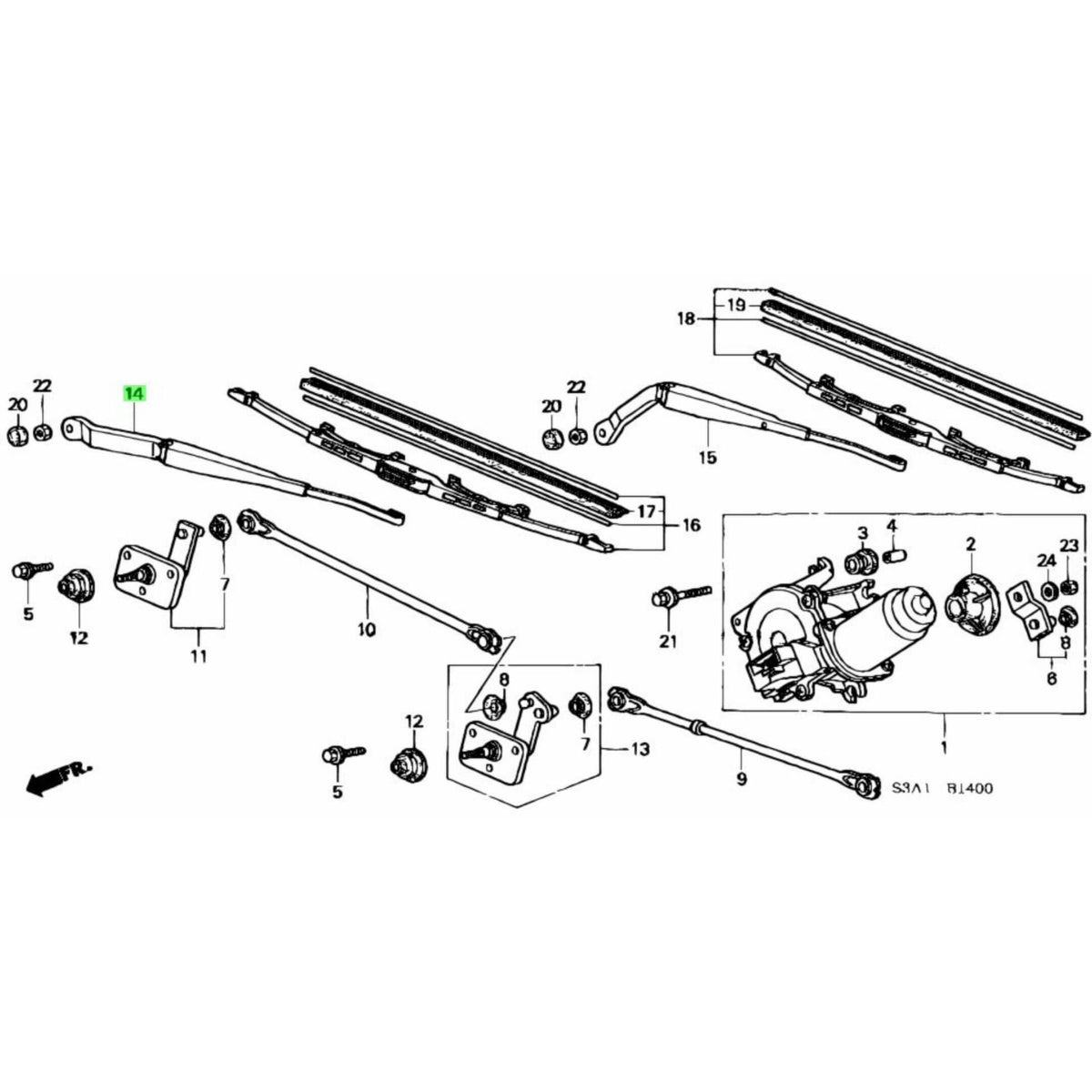 Illustrated diagram showing the driver-side wiper arm and assembly components for Honda Acty HA6, HA7 models, with the wiper arm marked as part #14.