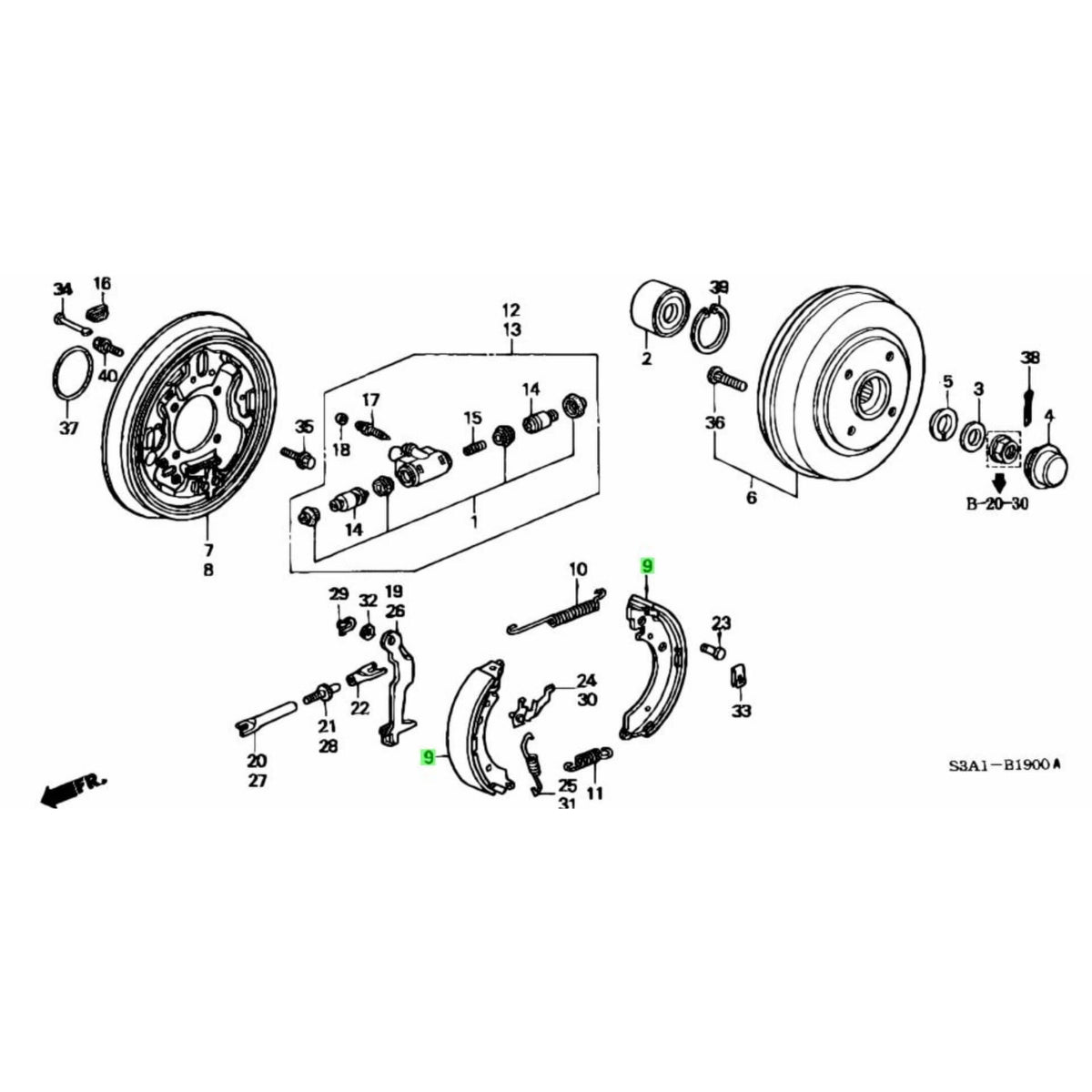 Technical diagram of rear brake shoes for Honda Acty Truck HA8, HA9 models (2009-2022), showcasing detailed components and assembly layout.