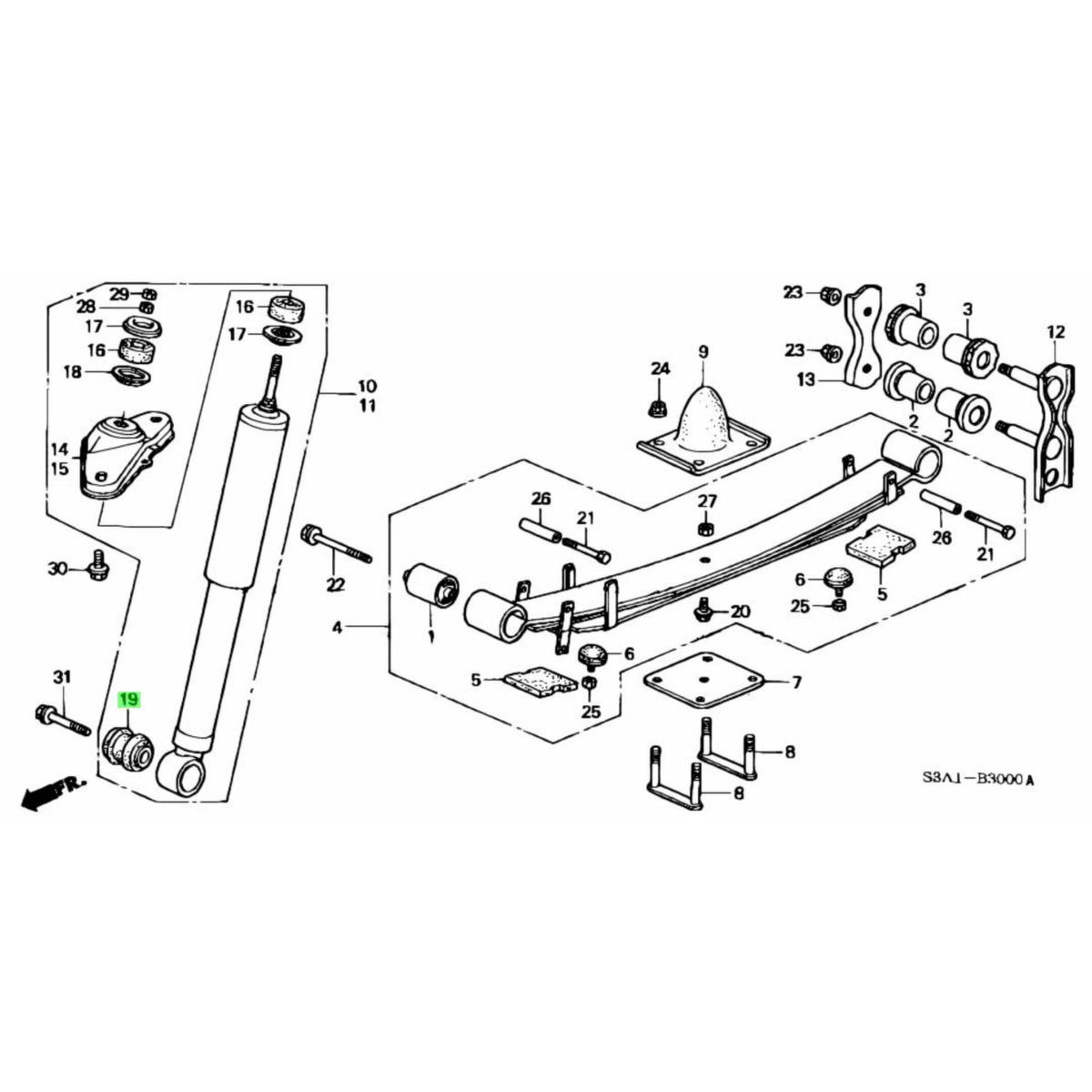 Technical diagram of rear shock bushing for Honda Acty Van HH5, HH6 models (1999-2009), showcasing detailed parts and assembly layout.