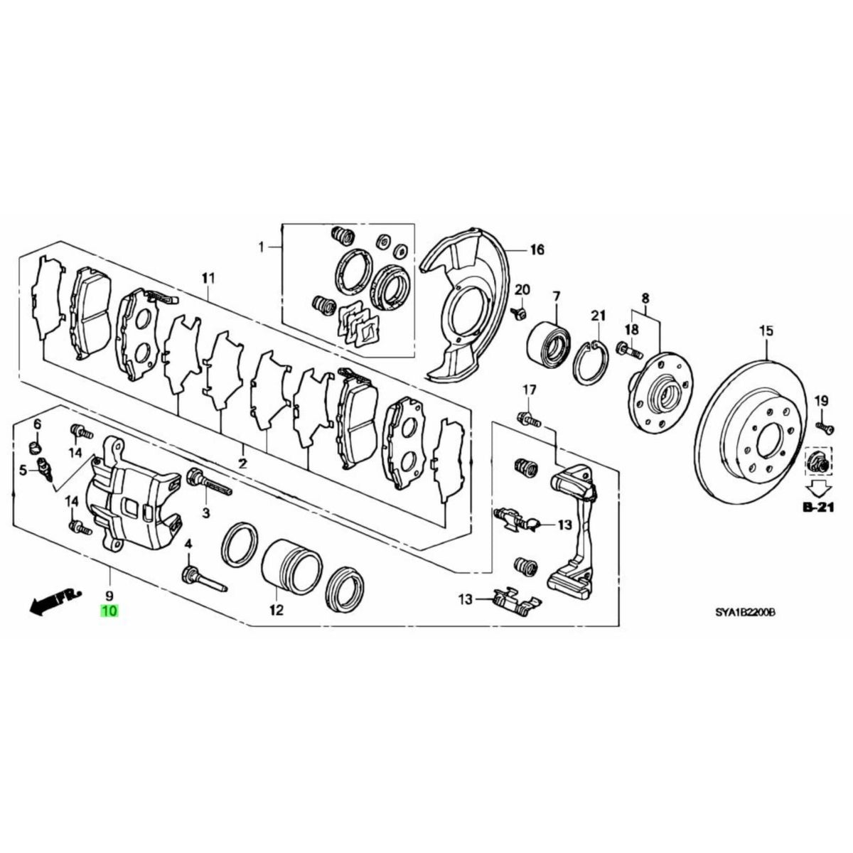 Technical diagram of a brake caliper for the passenger side of Honda Acty Van HH5, HH6 models (1999-2009), showing detailed parts and assembly layout.