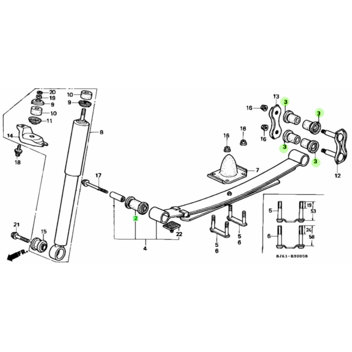 Leaf Spring Bushing Kit for Honda Acty Truck Models HA3, HA4 (1990-1999) featuring front and rear components with detailed assembly diagram.