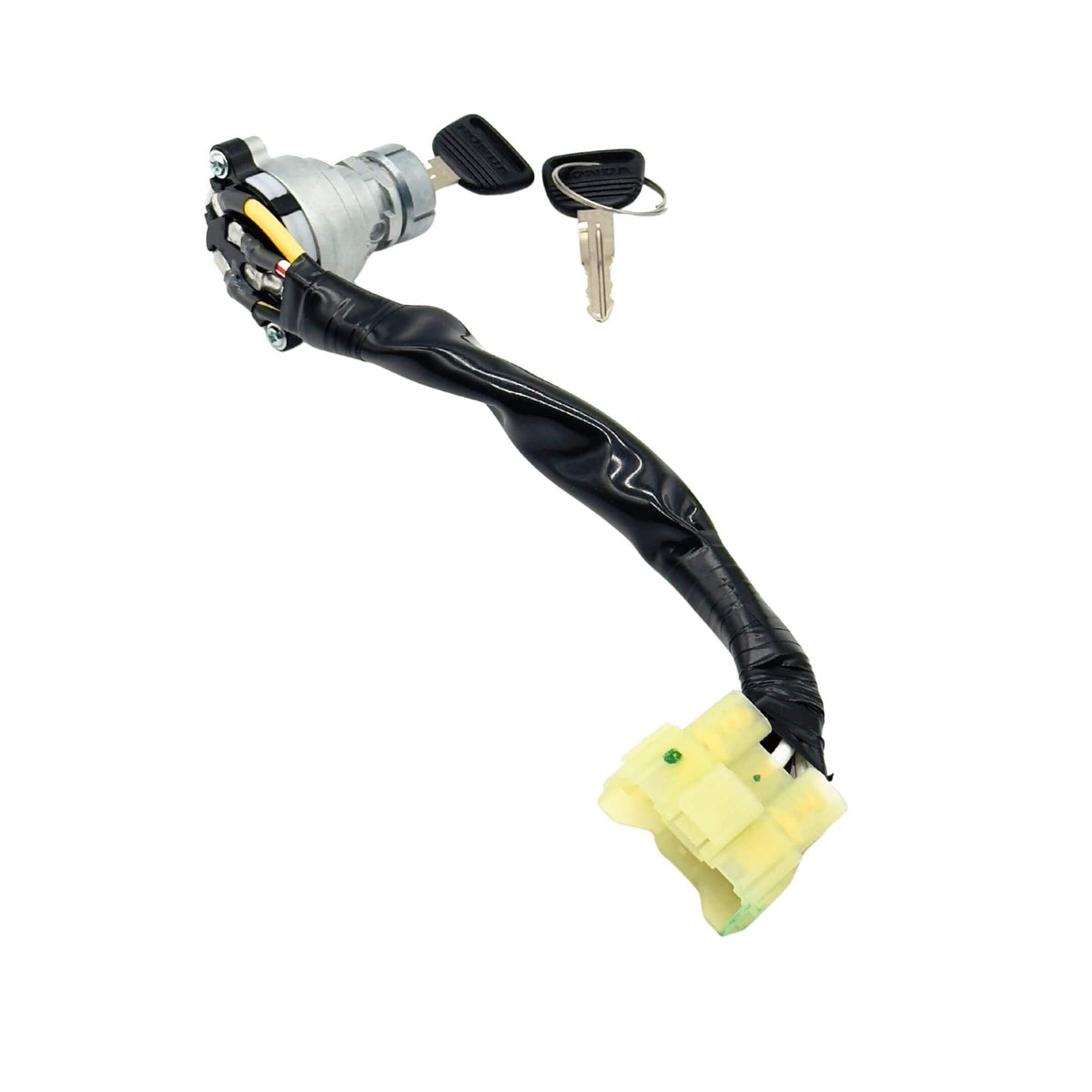 Ignition Switch Assembly with Key Cylinder for Honda Acty Truck Models HA3, HA4 (1990-1999), featuring a black wrapped wire harness and two keys.