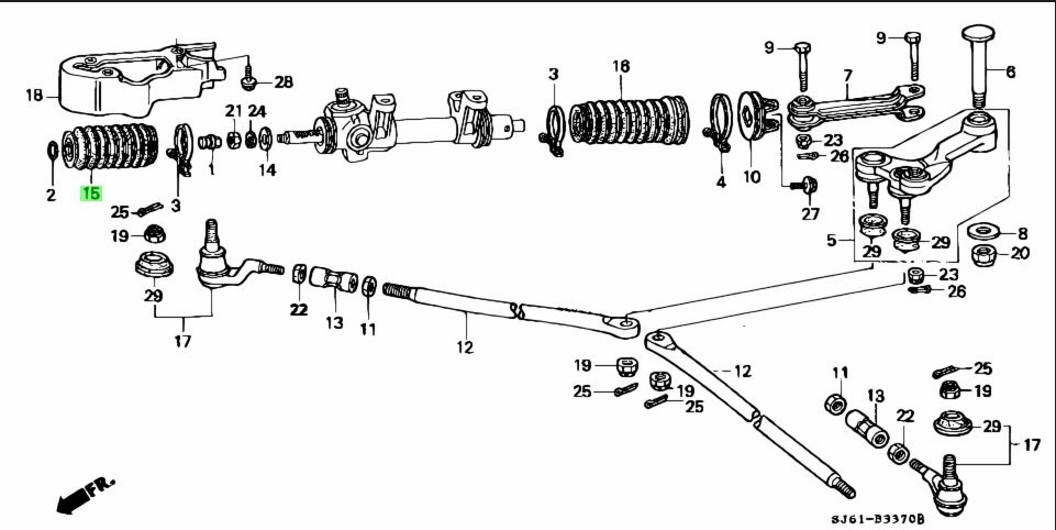 Parts diagram showing front side steering boot and related components for Honda Acty Truck HA3, HA4 models (1990-1999)