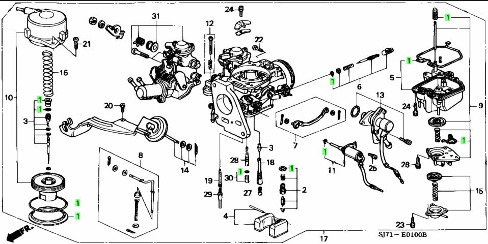 Detailed schematic of Honda Acty Van HH3, HH4 carburetor assembly highlighting gasket repair set components for 1990-1999 models
