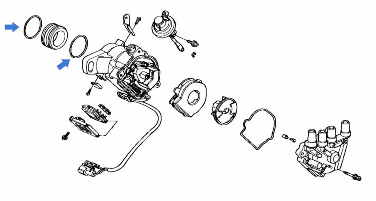 Honda Acty Truck HA3, HA4 (1990-1999) Distributor O-Ring Seal Diagram - Exploded view of distributor components with highlighted O-ring placement