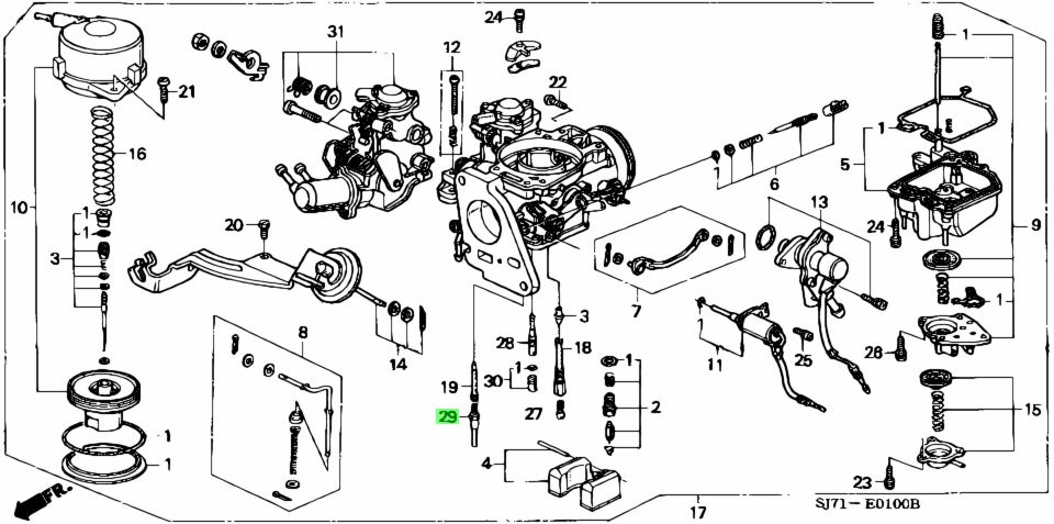 Exploded diagram of the carburetor assembly for Honda Acty Truck HA3, HA4 (1990-1999), illustrating the placement of the Secondary Economizer Jet within the system.