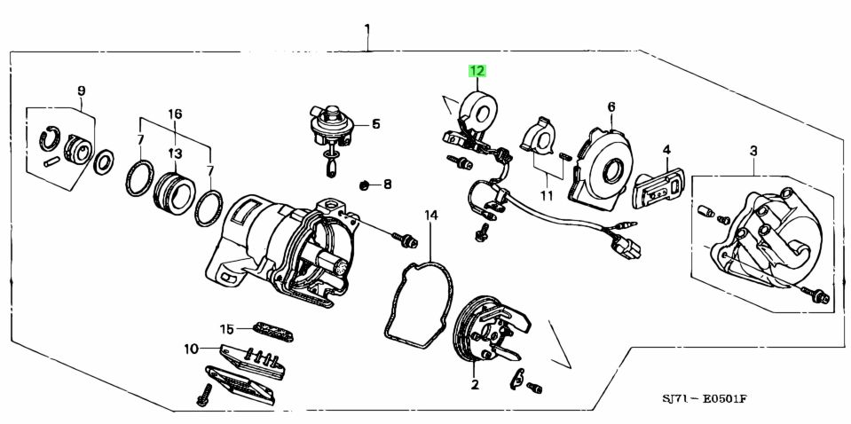 Diagram of Honda Acty Van (1990-1999) distributor system highlighting harness assembly components.