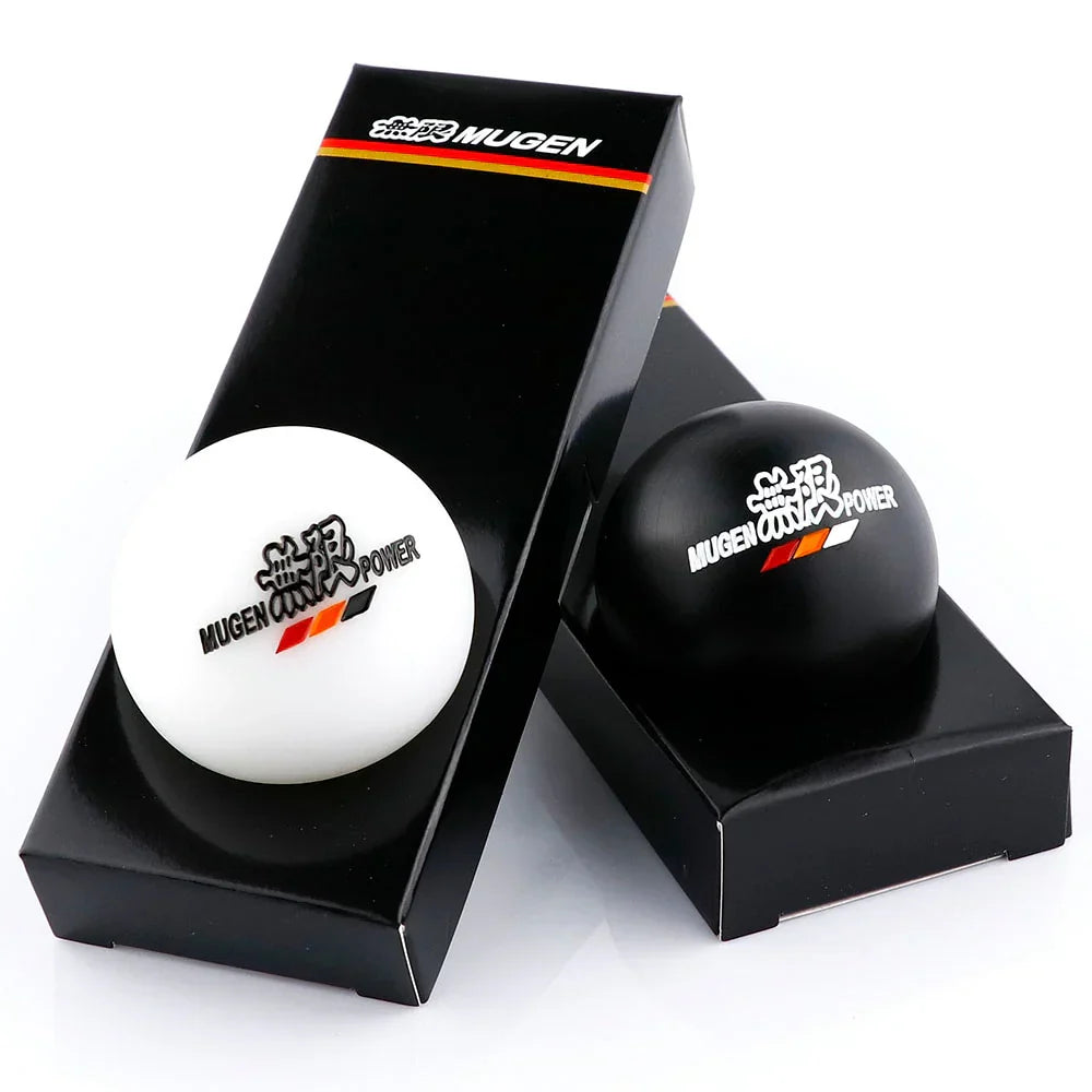 Mugen Shift Knob Set - Black and White - Premium Honda Acty Accessories for HH3, HH4 Models (1990-1999), Featuring Mugen Power Design for Interior Upgrades.