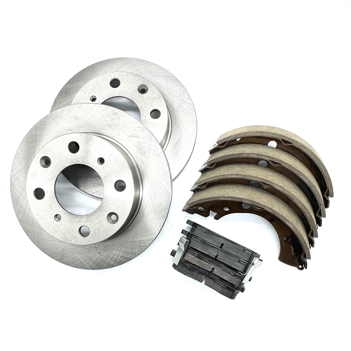 Brake Package - 3 Piece set featuring silver front brake rotors, black front brake pads, and rear brake shoe set for Honda Acty Truck HA8, HA9 models 2009-2022.