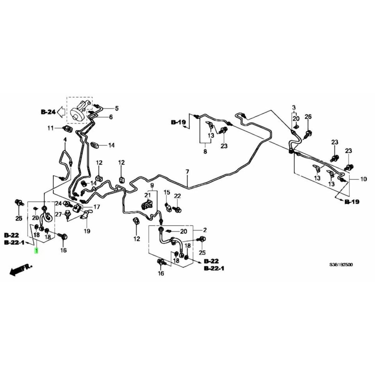 Technical diagram of the front brake hose for the right side of Honda Acty Truck HA8, HA9 models from 2009 to 2022.