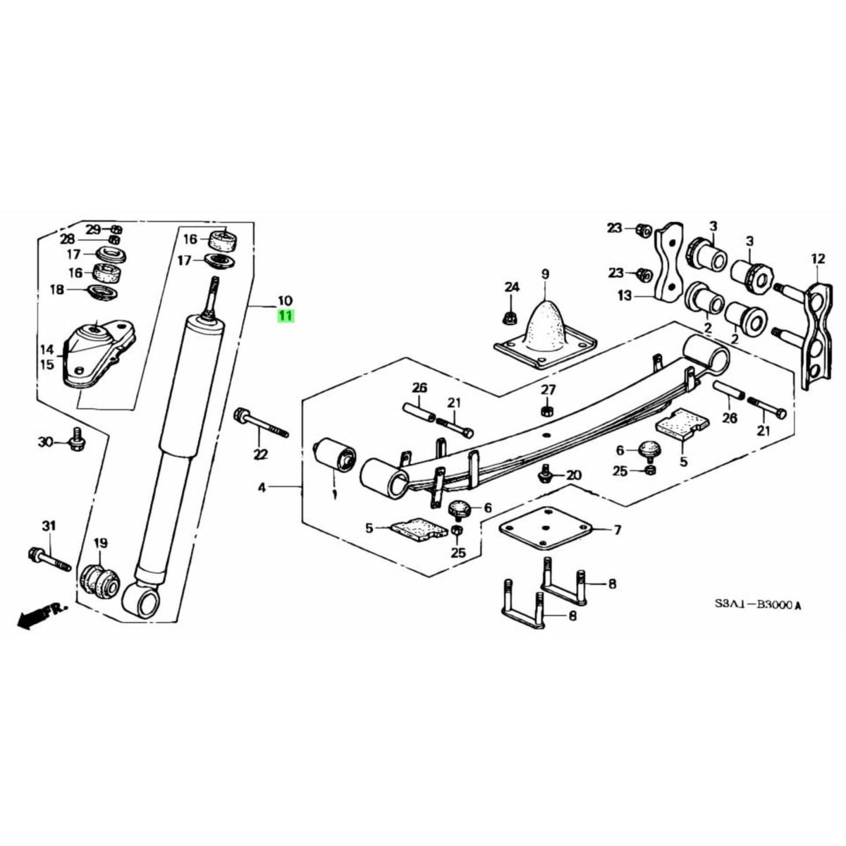 Technical diagram of Shock - Rear, Left for Honda Acty Truck HA8, HA9 Models (2009-2022), showcasing detailed parts and assembly.