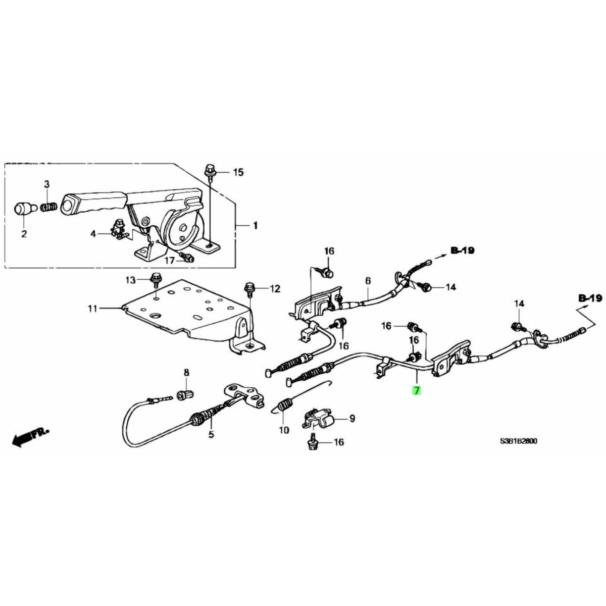 Technical diagram of the Parking Brake Cable - Left for Honda Acty Truck HA8, HA9 Models (2009-2022), showcasing detailed parts and connections.