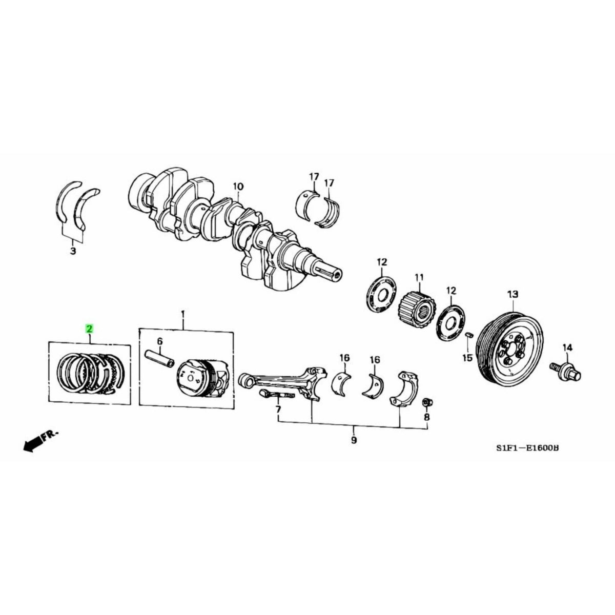 Exploded diagram showcasing the placement of the piston rings in a Honda Acty HA6, HA7 engine.