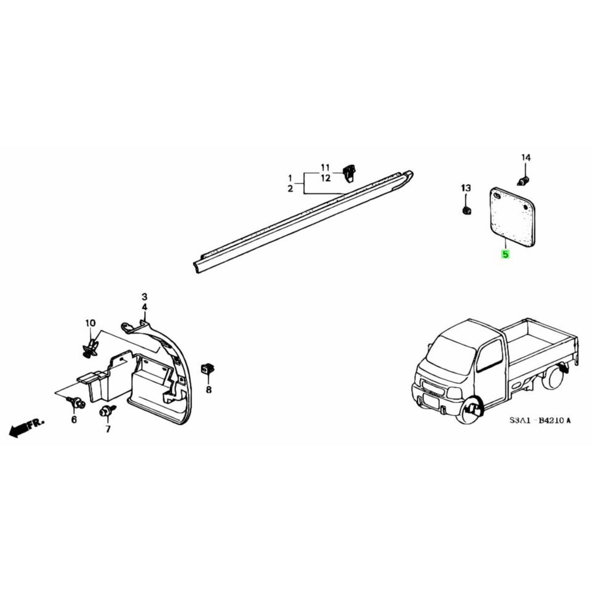 Technical diagram of a Mud Guard Set for Rear Honda Acty Truck HA8, HA9 Models, 2009-2022.