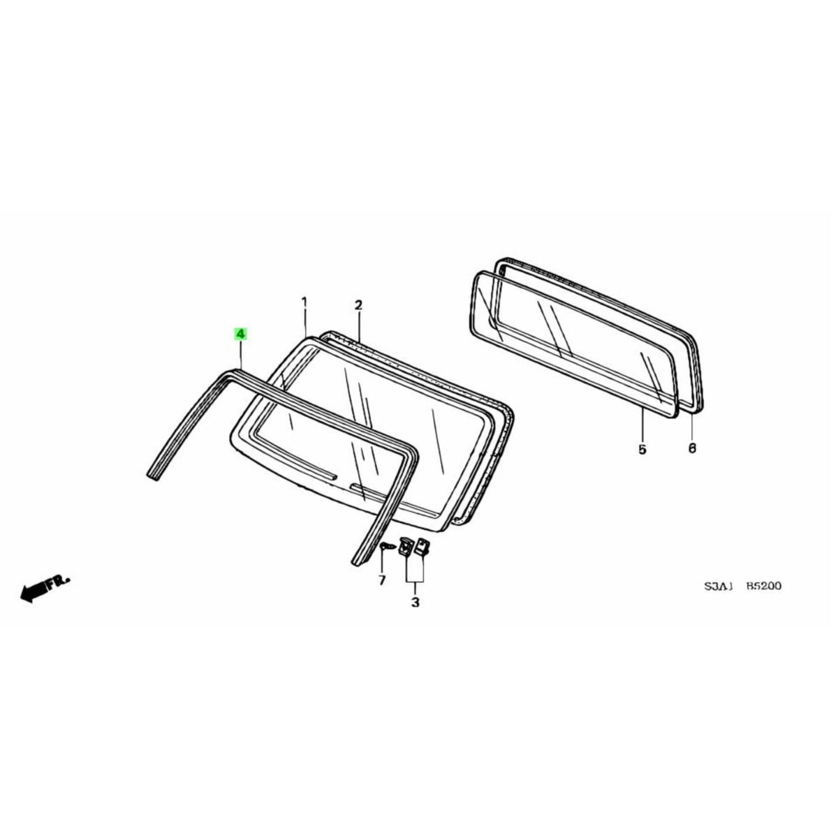 Technical diagram of windshield molding for Honda Acty Truck HA8, HA9 models (2009-2022), showcasing detailed parts layout.