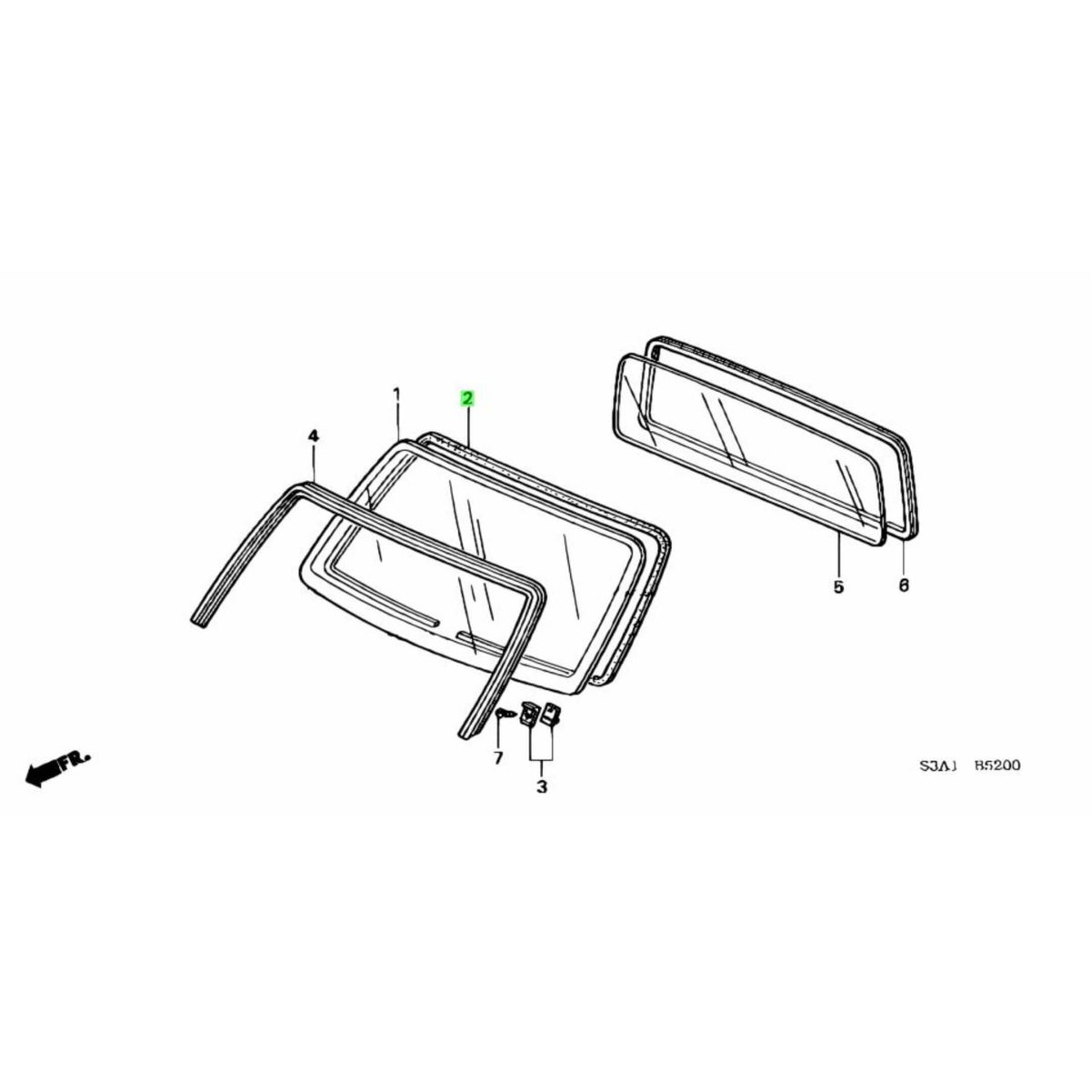 Technical diagram of black windshield molding for Honda Acty Truck HA8, HA9 models, 2009-2022.