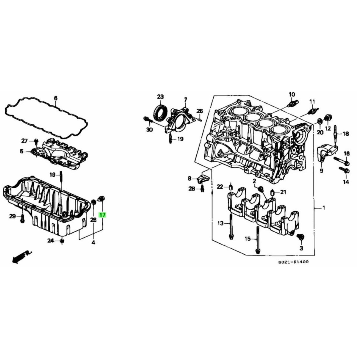 Technical diagram of Oil Drain Plug & Gasket Set for Honda Acty Truck HA8, HA9 Models 2009-2022, showcasing detailed engine components and assembly layout.