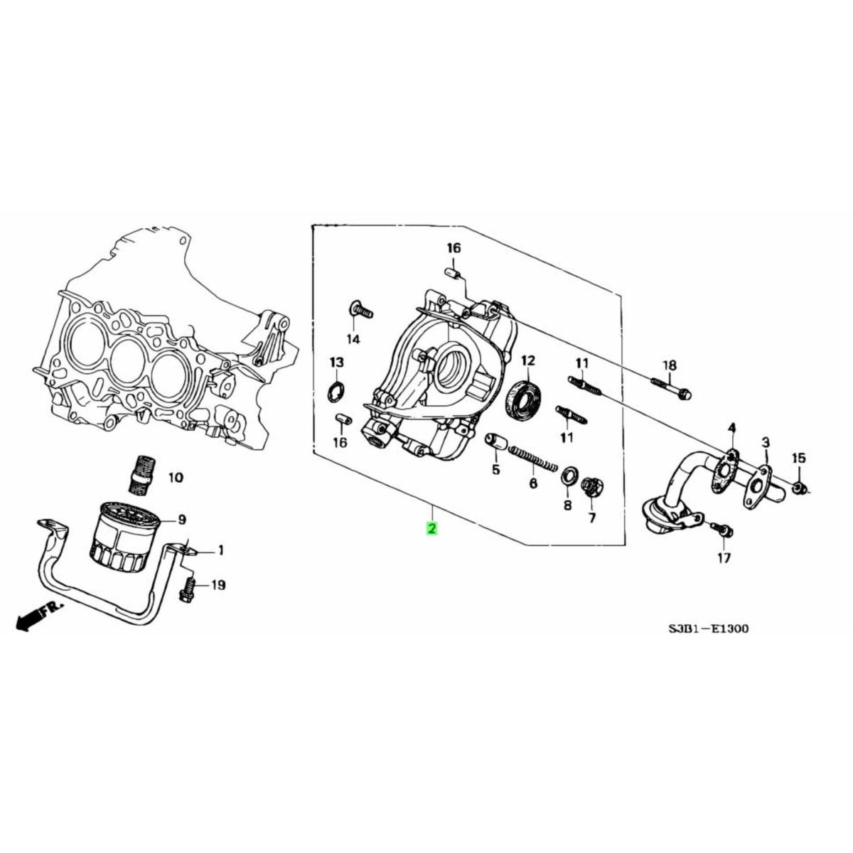 Technical diagram of a genuine oil pump for Honda Acty Truck HA8, HA9 models (2009-2022), showcasing detailed components and assembly layout.