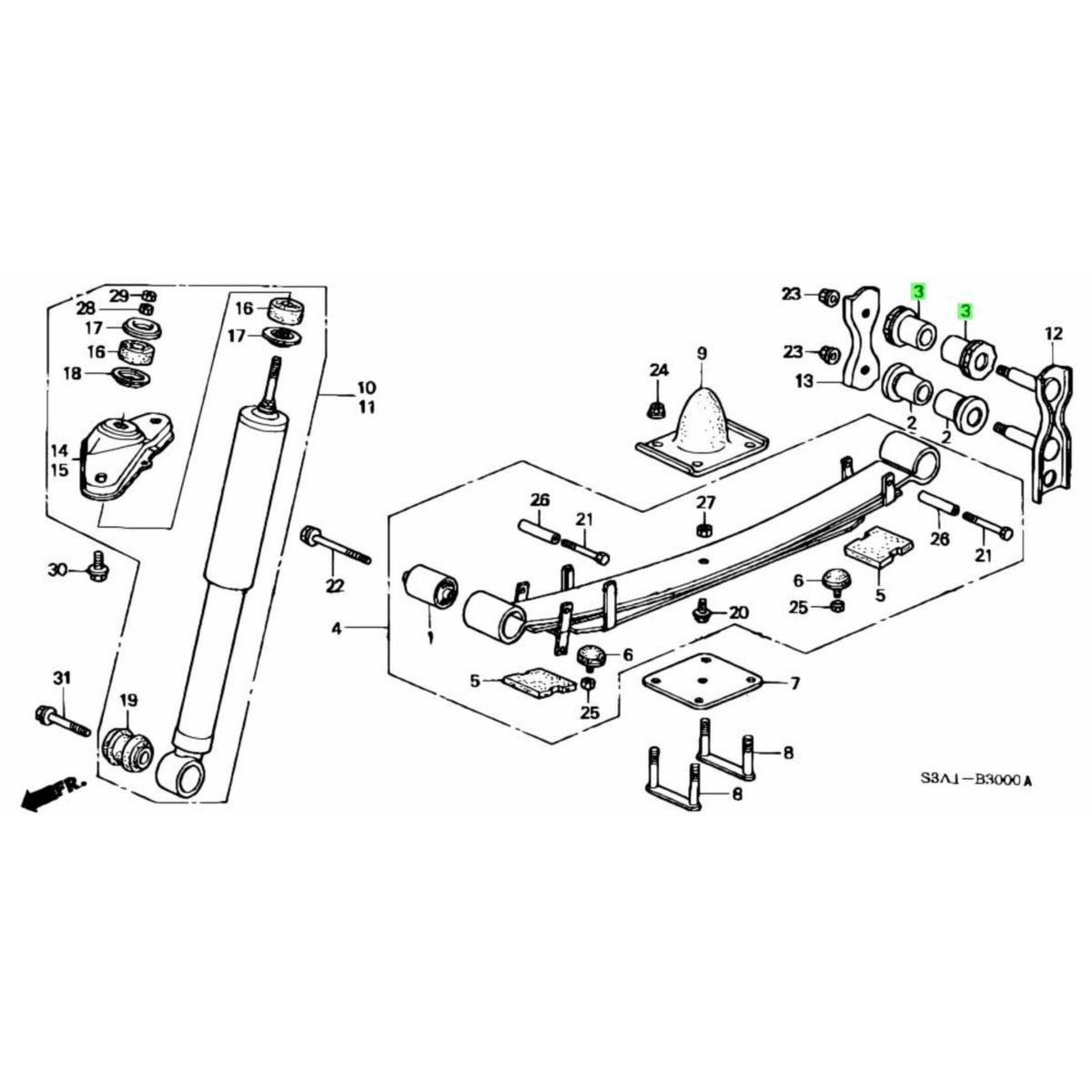Technical diagram of Rear Leaf Spring Set with Top Bushings for Honda Acty Truck HA8, HA9 Models, 2009-2022.