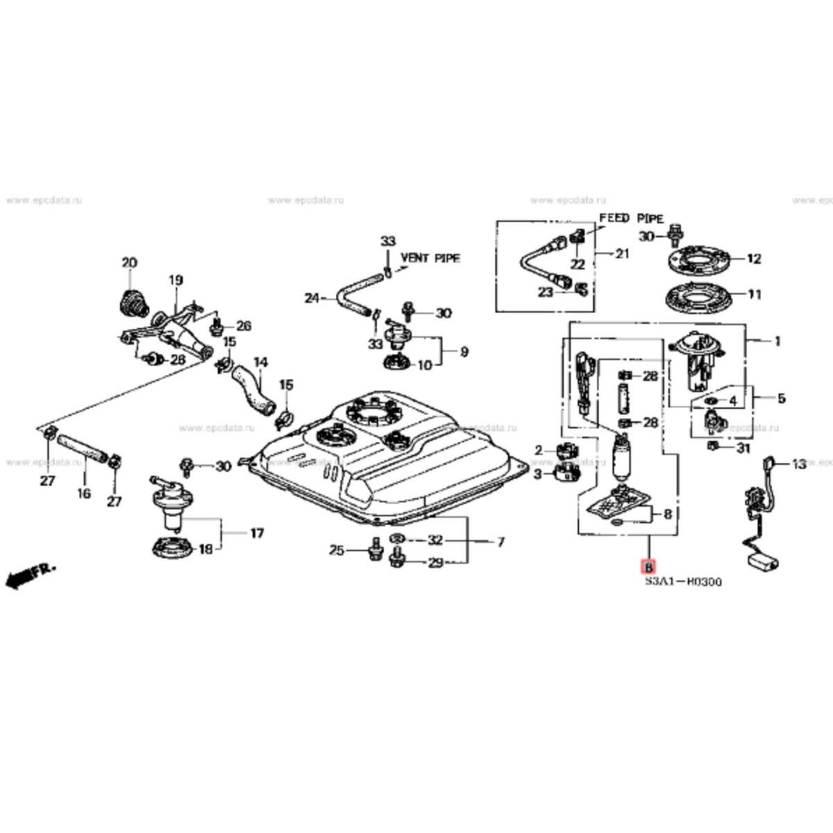 Technical diagram of an aftermarket fuel pump for Honda Acty Truck HA8, HA9 models (2009-2022), showcasing detailed components and assembly layout.