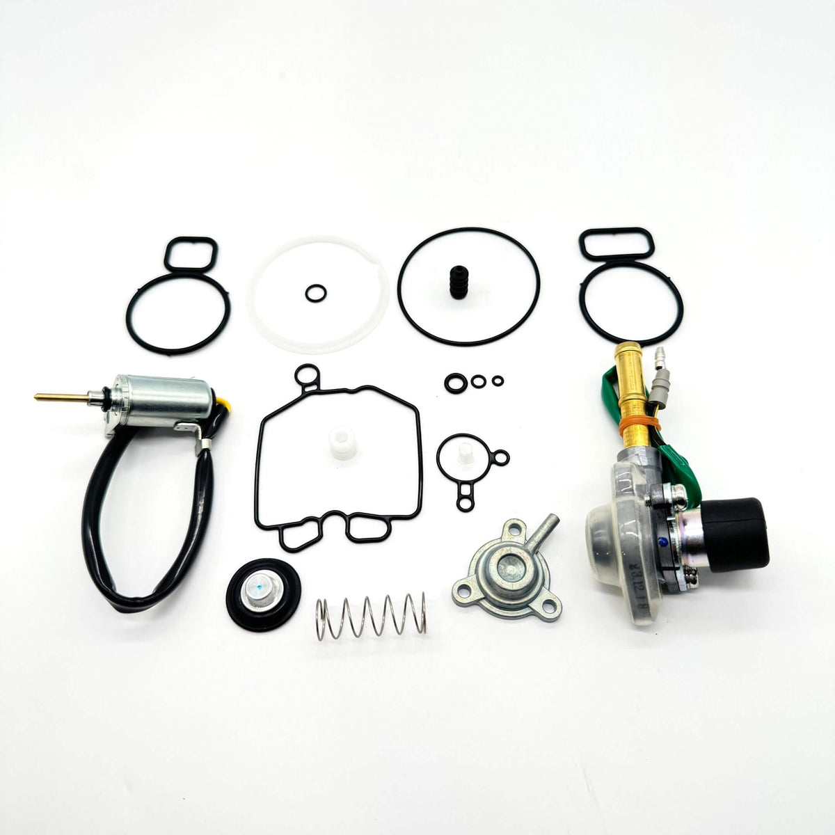 19 Piece Carburetor Rebuild Kit for Honda Acty Van HH3, HH4 Models 1990-1999 featuring fuel cut solenoid, air solenoid diaphragm set, O-Rings, and gaskets