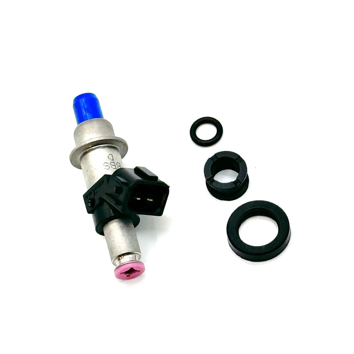 Fuel Injector for Honda Vamos Van HM2 Model 1999-2018, featuring a silver body with blue and pink accents, and accompanying black rubber seals.