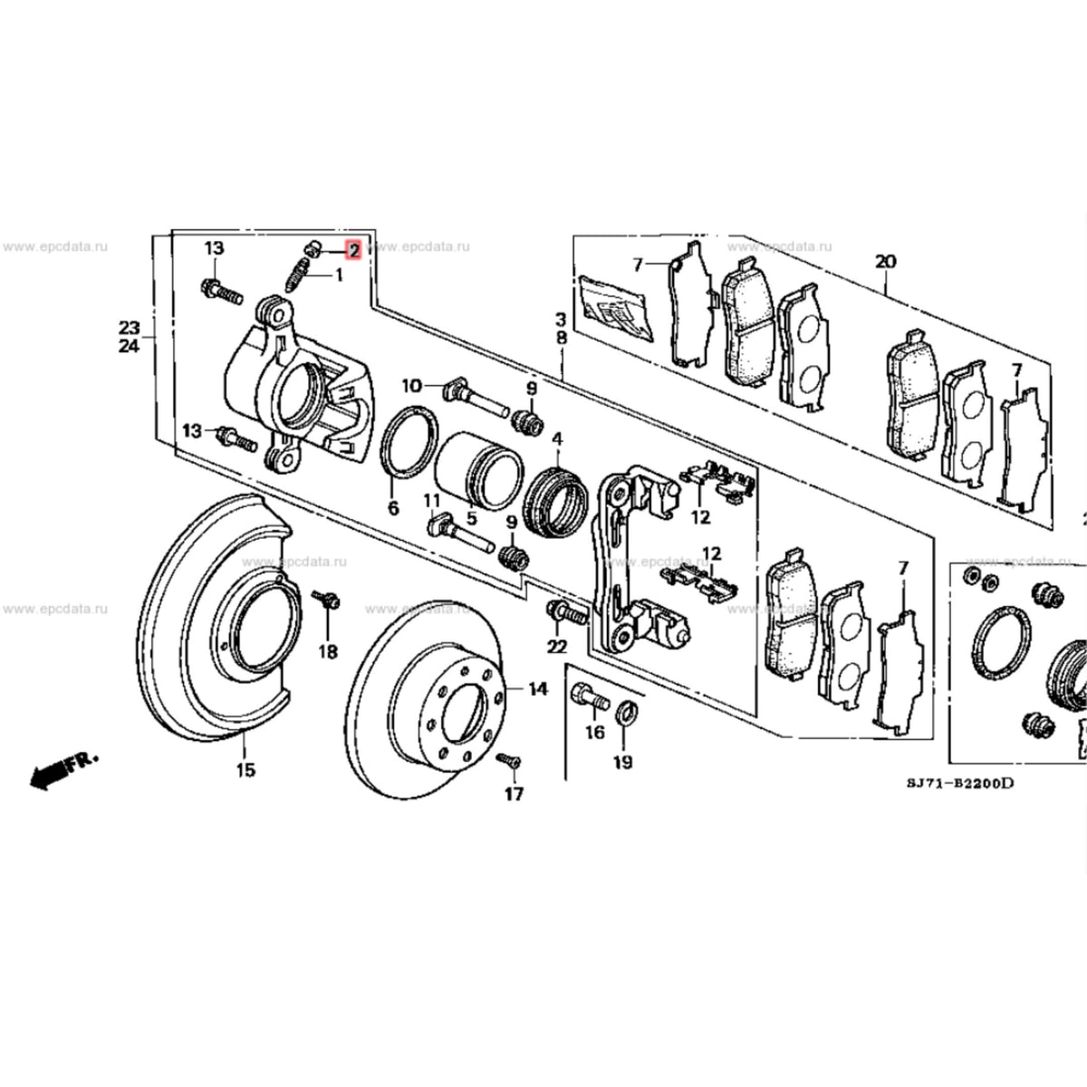 Honda Acty Van HH3, HH4 brake caliper bleeder screw cap location in a detailed diagram.