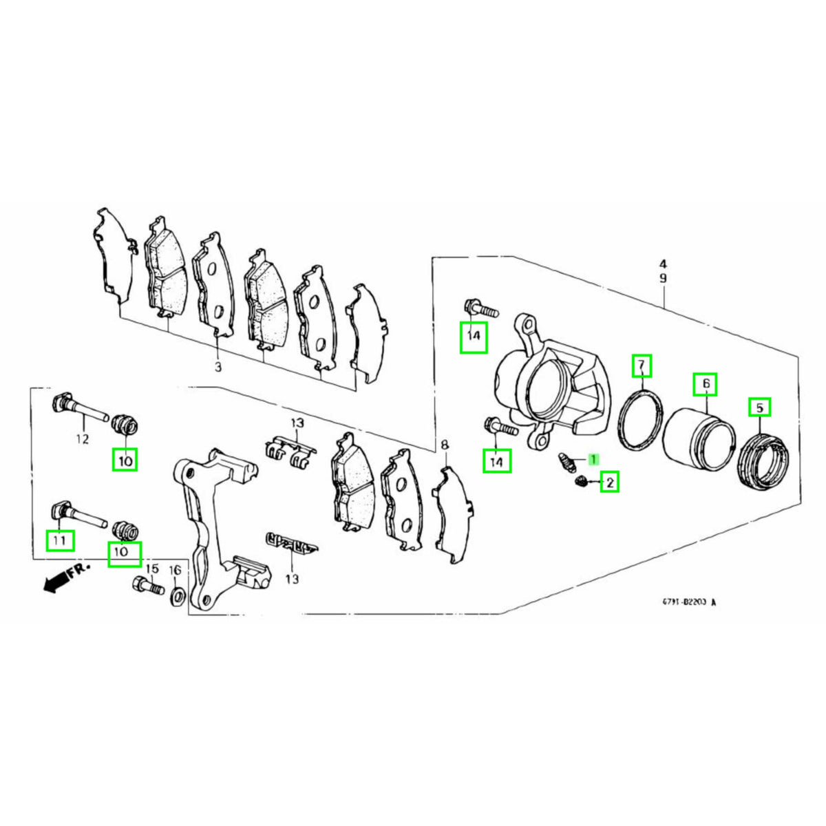 Honda Acty Van HH3, HH4 brake caliper rebuild kit part location in a detailed diagram.
