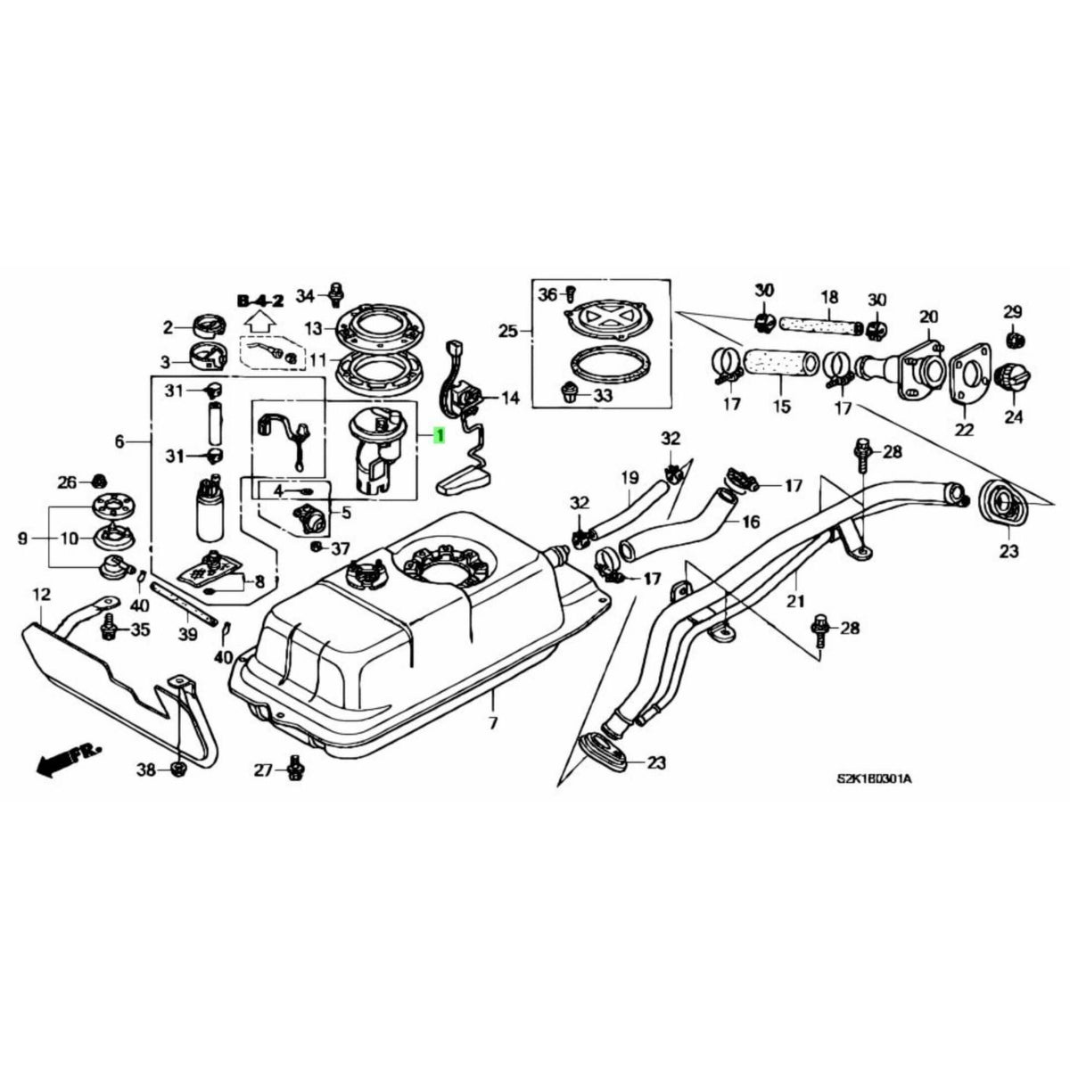 Technical diagram of a fuel pump filter for Honda Acty Truck HA8, HA9 models (2009-2022), showcasing detailed parts and assembly layout.