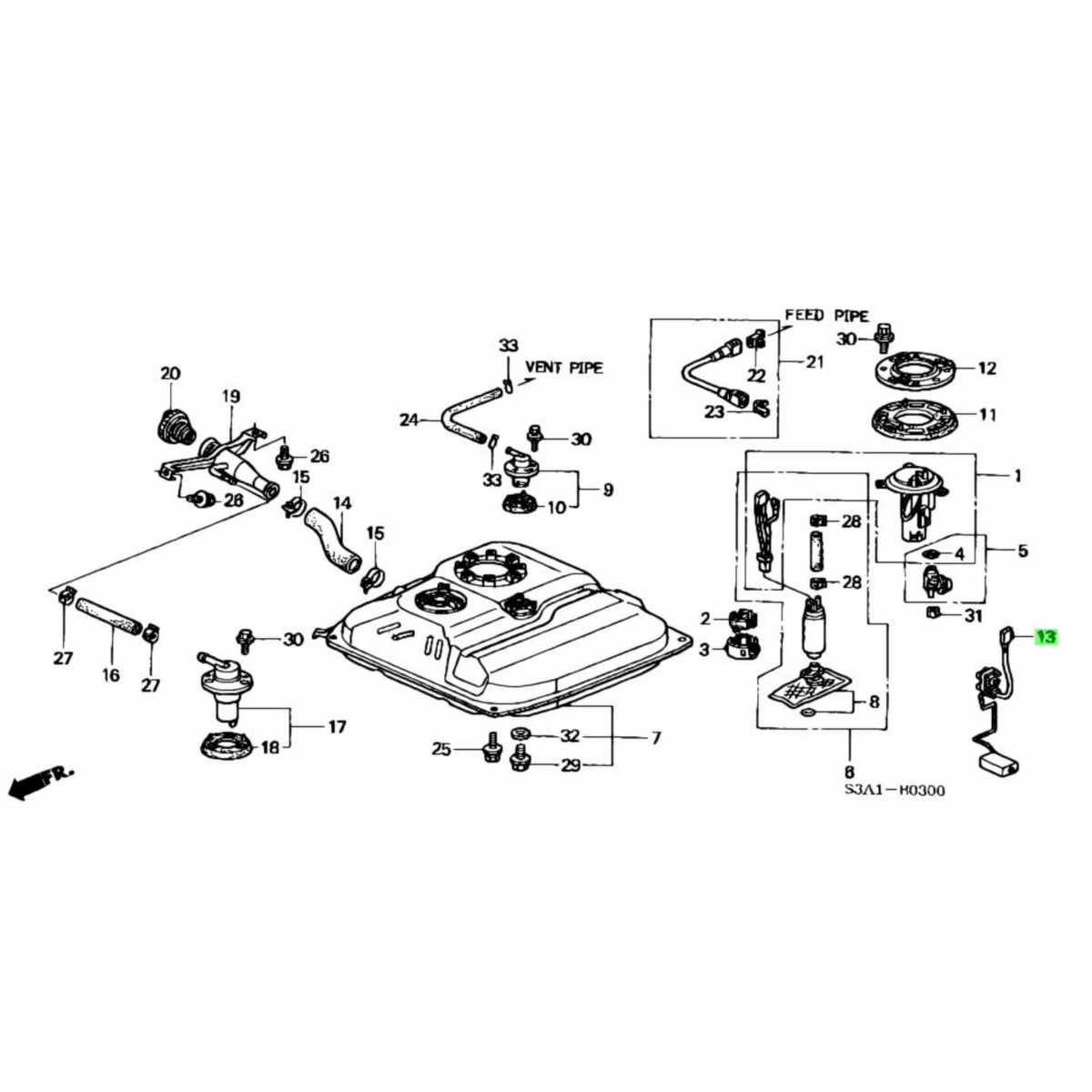 Technical diagram of Fuel Sender Unit for Honda Acty Truck HA8, HA9 Models (2009-2022), showcasing detailed components and connections.
