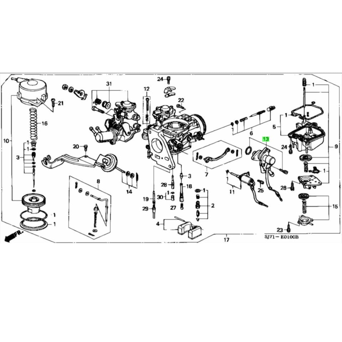 Detailed diagram of Honda Acty HH3 HH4 air vent cut carburetor solenoid system, illustrating component assembly for models from 1990-1999.